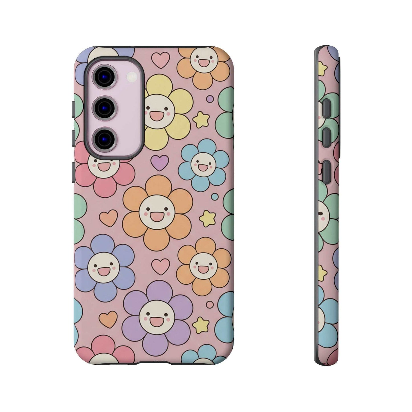 Happy Flower Samsung Phone Case with colorful smiling flowers and hearts on a pink background, dual-layer protective design for Samsung phones