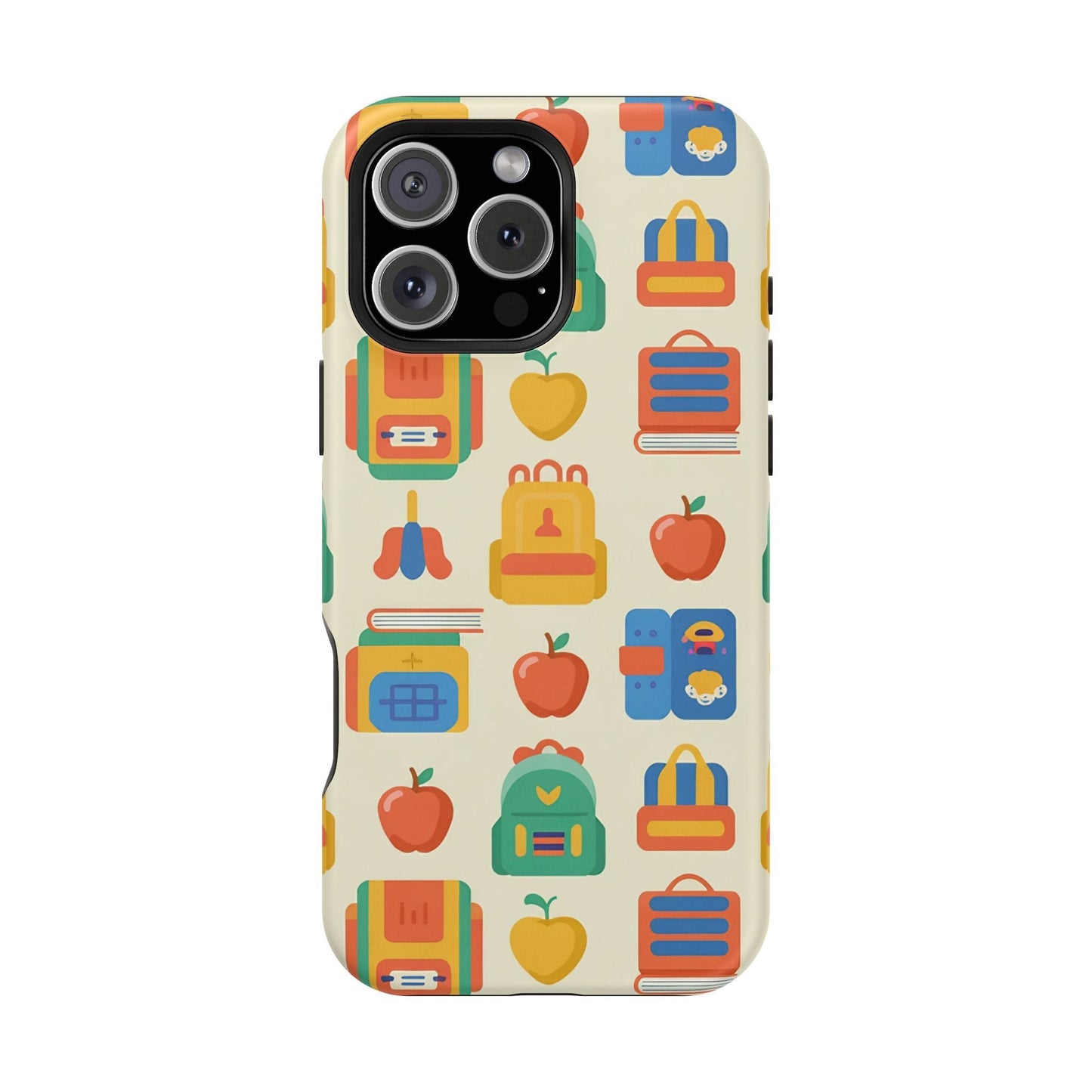 Back to School Phone Case with colorful school supplies pattern for iPhone, durable dual-layer tough protection with MagSafe compatibility