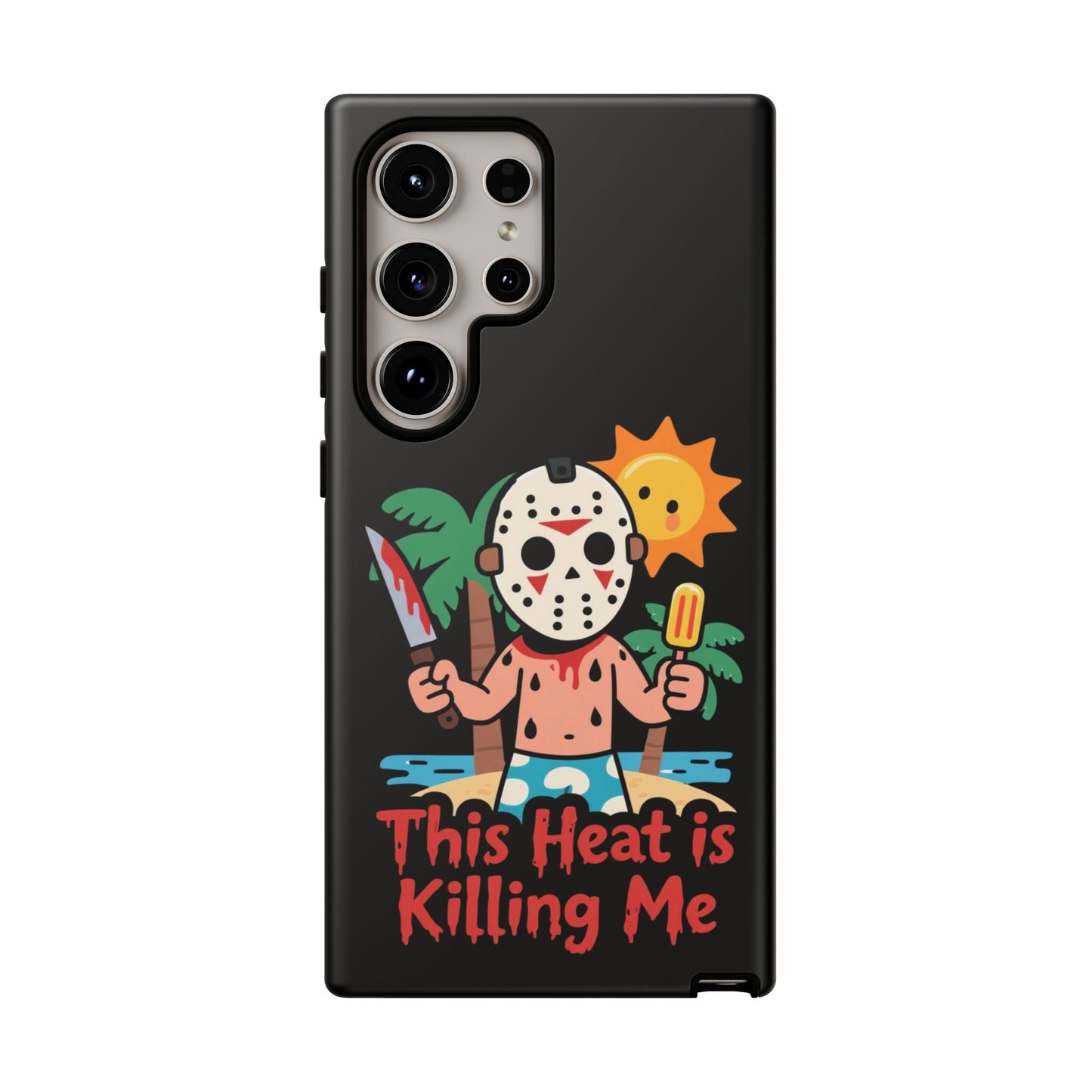 Samsung phone case with "This Heat is Killing Me" Summerween design featuring cartoon character in mask holding popsicle and knife under sun and palm trees
