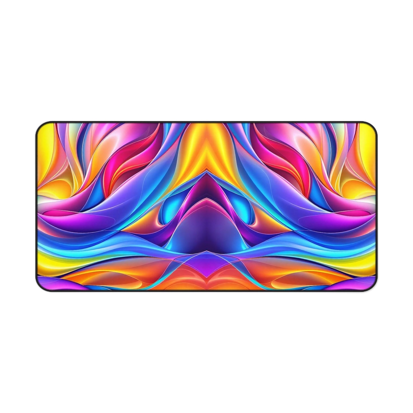 Modern Rainbow Waves desk mat with vibrant colorful abstract wavy design and non-slip hemmed edges