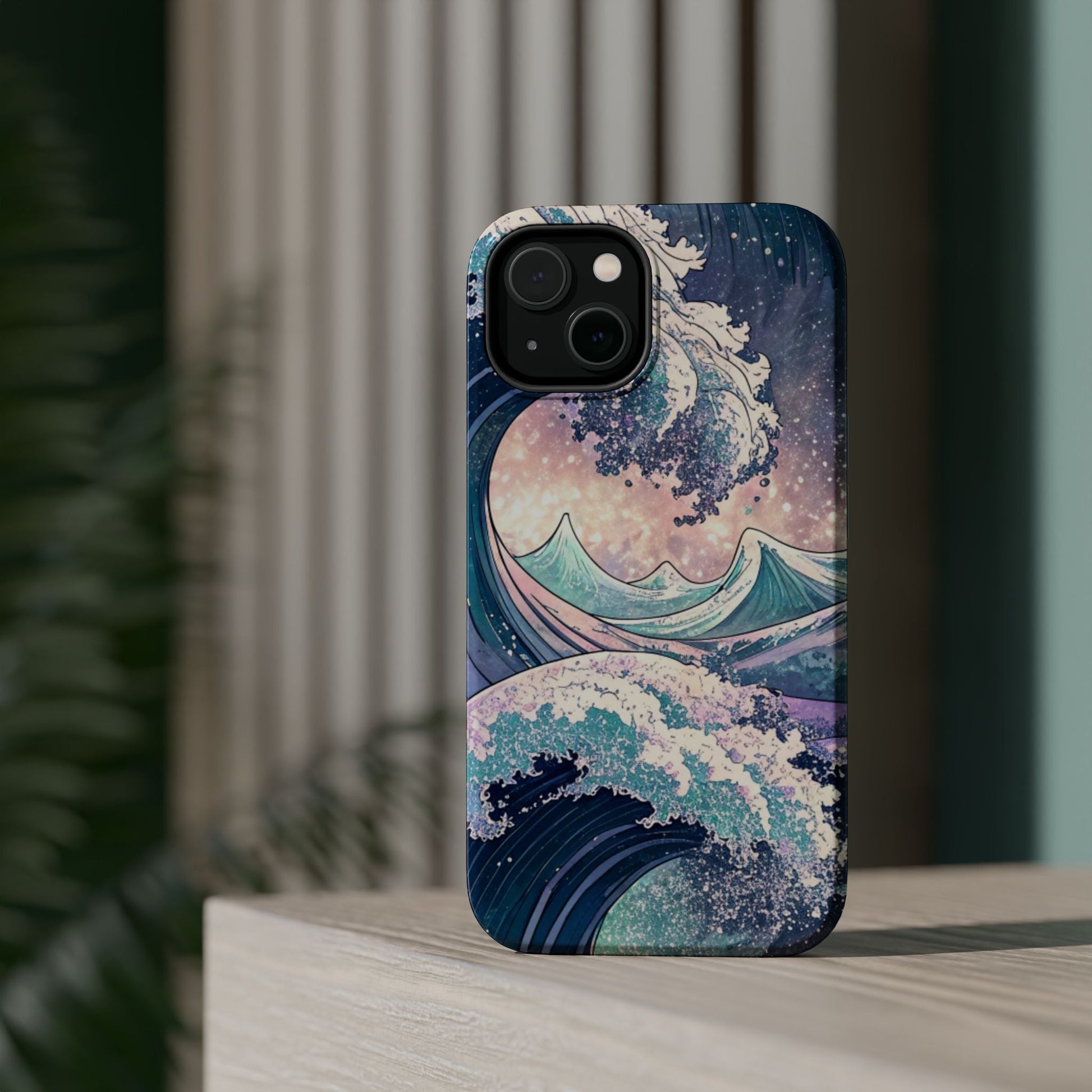 iPhone magnetic tough case with vibrant crashing waves design and dual-layer protective construction
