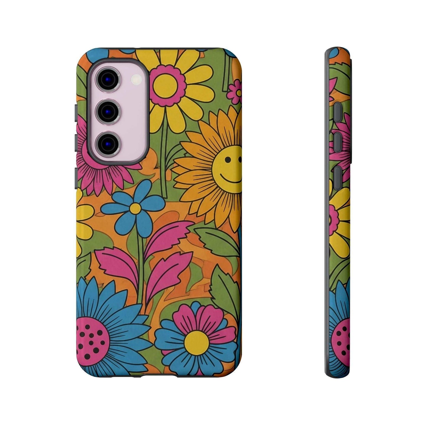 Samsung Phone Case with colorful retro flower power design and impact-resistant protection