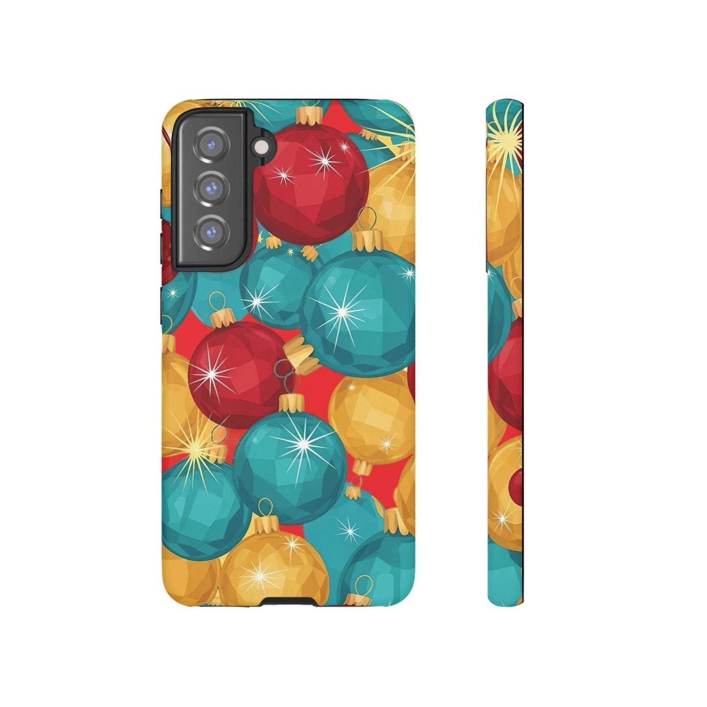 Samsung Tough Case with colorful Christmas bulb design, durable shock-absorbing holiday phone cover for Samsung, supports wireless charging