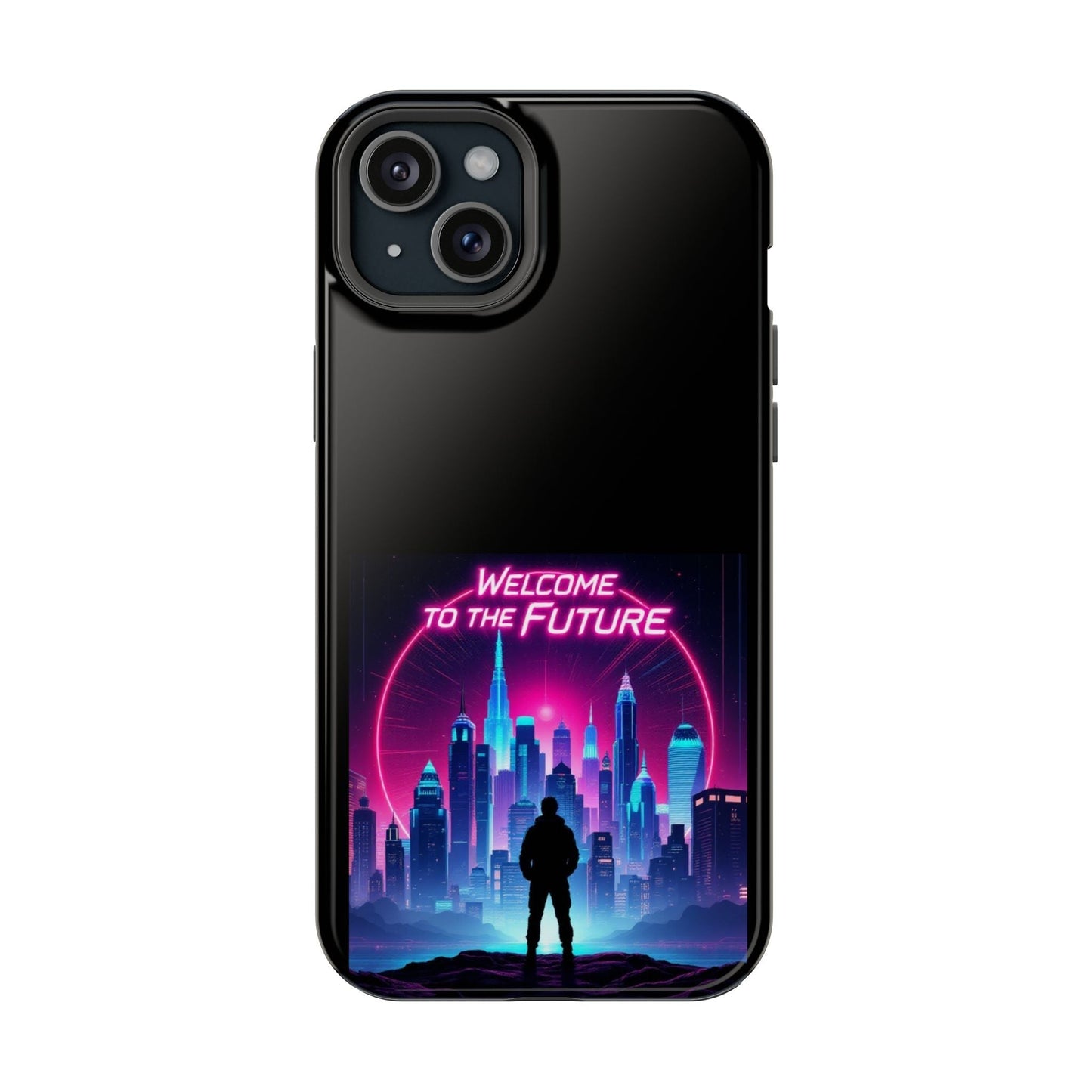 Futuristic Vibe iPhone Case with neon cityscape and "Welcome to the Future" text, durable MagSafe compatible tough case