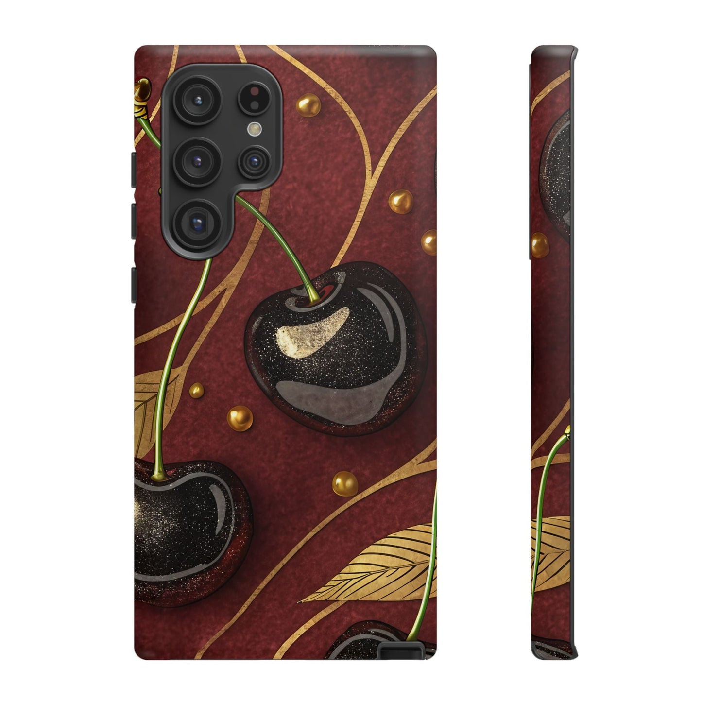 Golden Cherry Samsung Tough Case with 3D black cherry design on red background, protective phone cover for Samsung with drop and scratch resistance