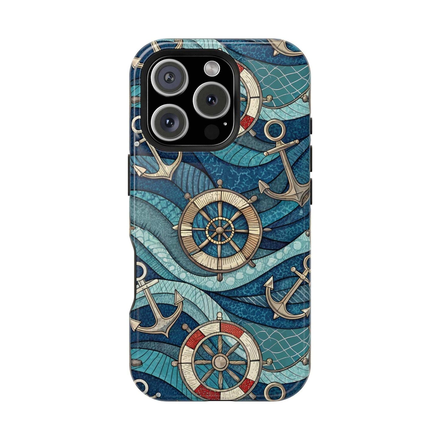 Nautical Theme iPhone Case with anchors and ship wheels in blue coastal design for iPhone 13-16 series