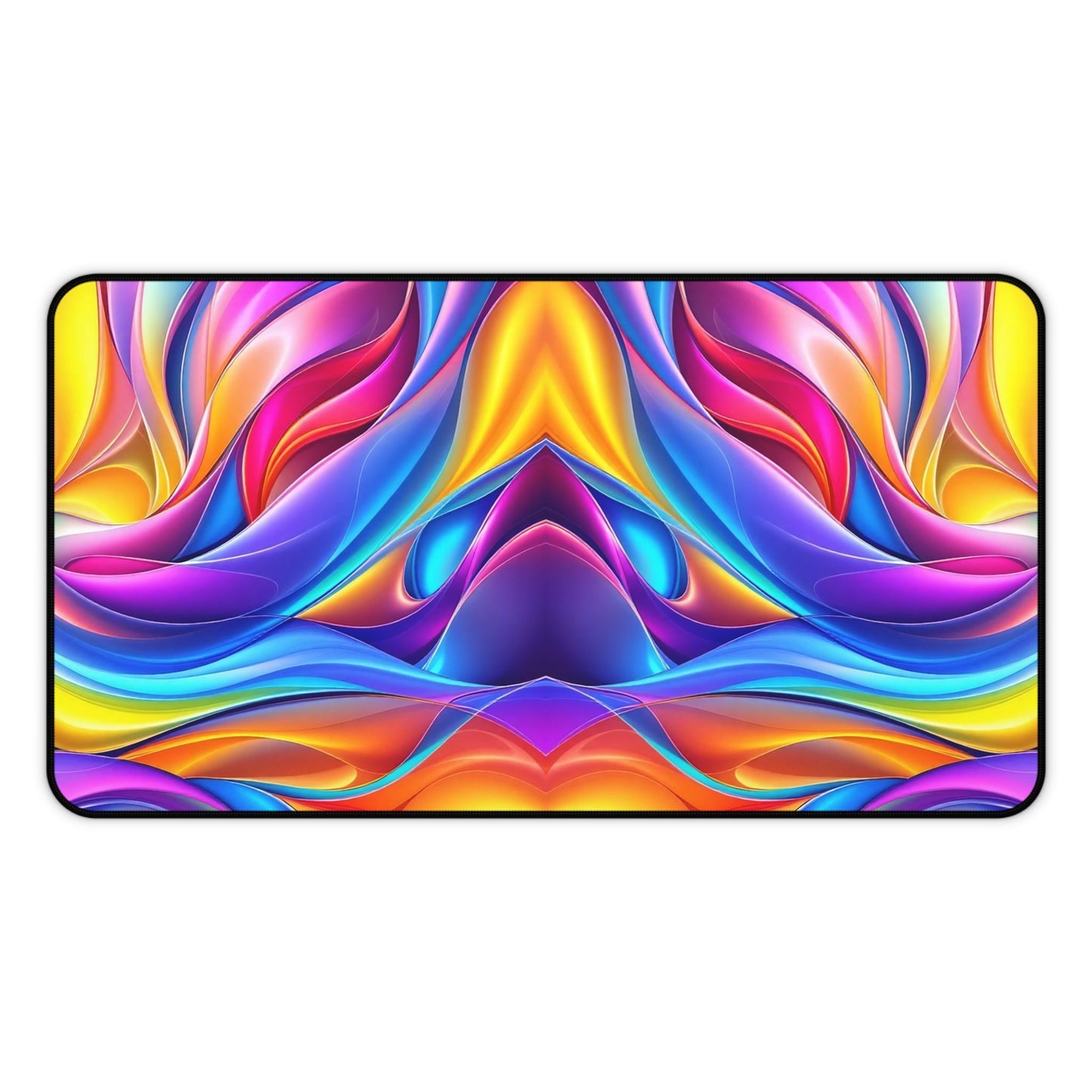 Modern Rainbow Waves desk mat with vibrant colorful abstract wave design and non-slip bottom