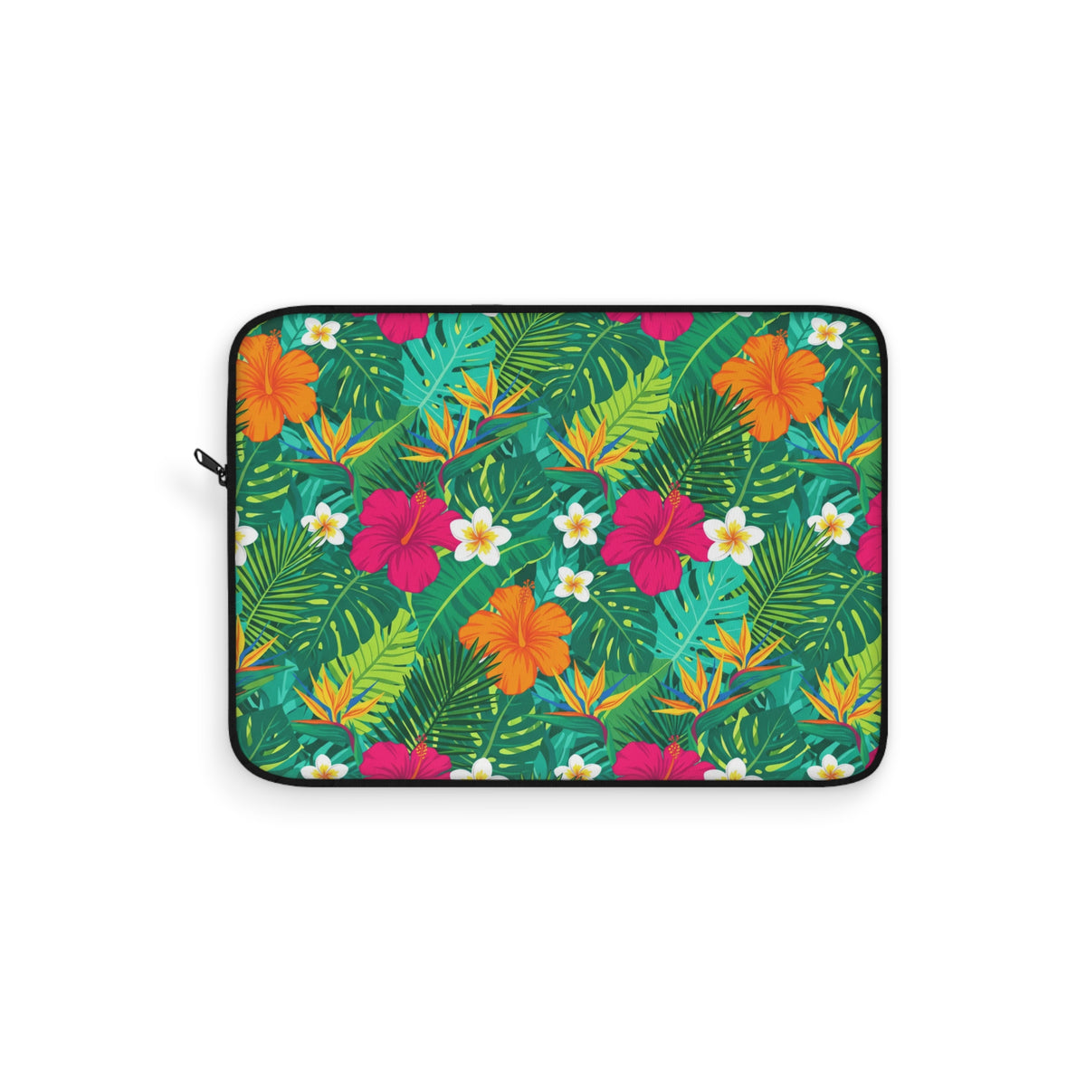 Laptop sleeve with a tropical pattern of hibiscus, plumeria, and bird of paradise flowers.