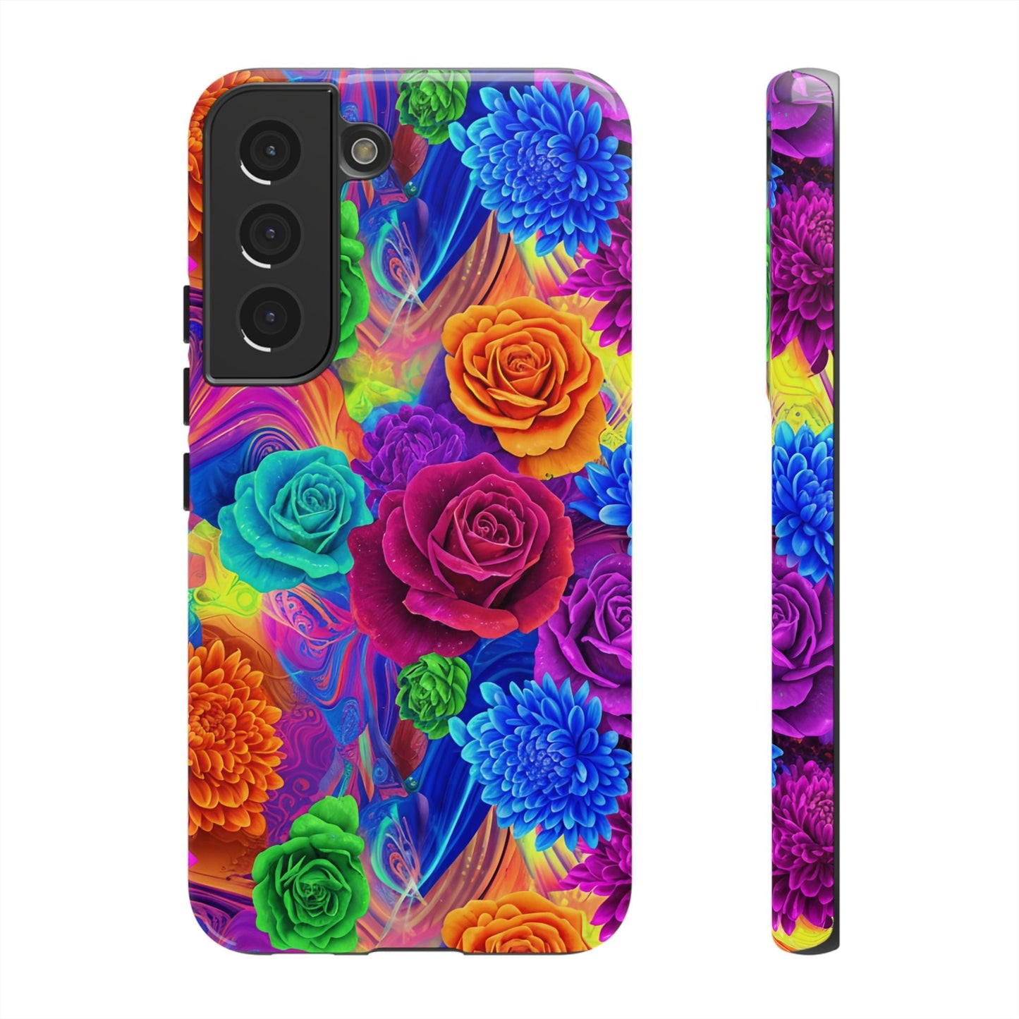 Vibrant Floral Samsung phone case with colorful roses and blossoms design, impact-resistant protective cover
