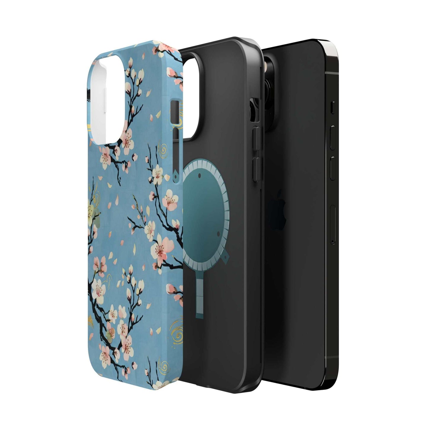 Spring Bloom iPhone Tough Case with blue floral design, dual-layer impact protection, and MagSafe compatibility