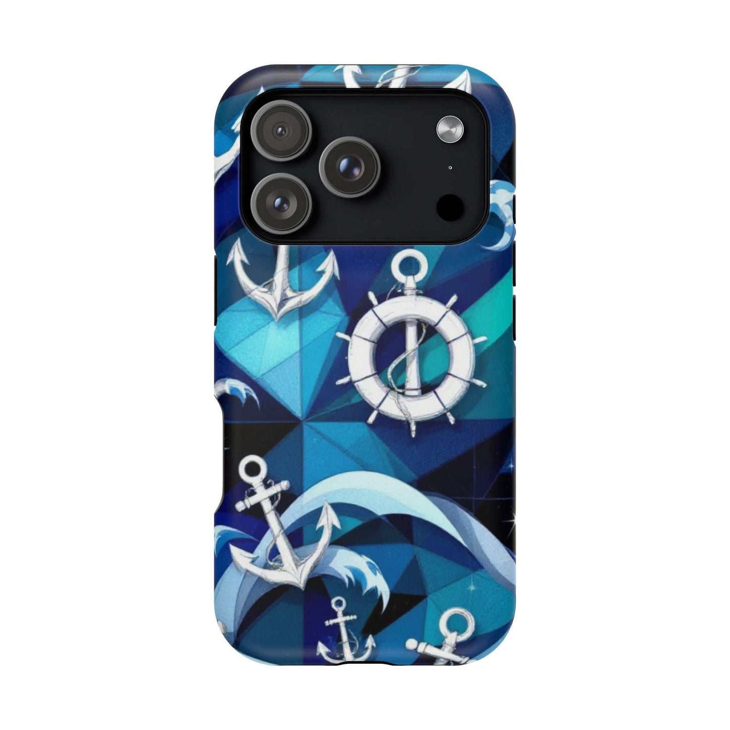 Nautical Anchors iPhone Case with maritime anchor design and MagSafe compatibility on blue geometric background