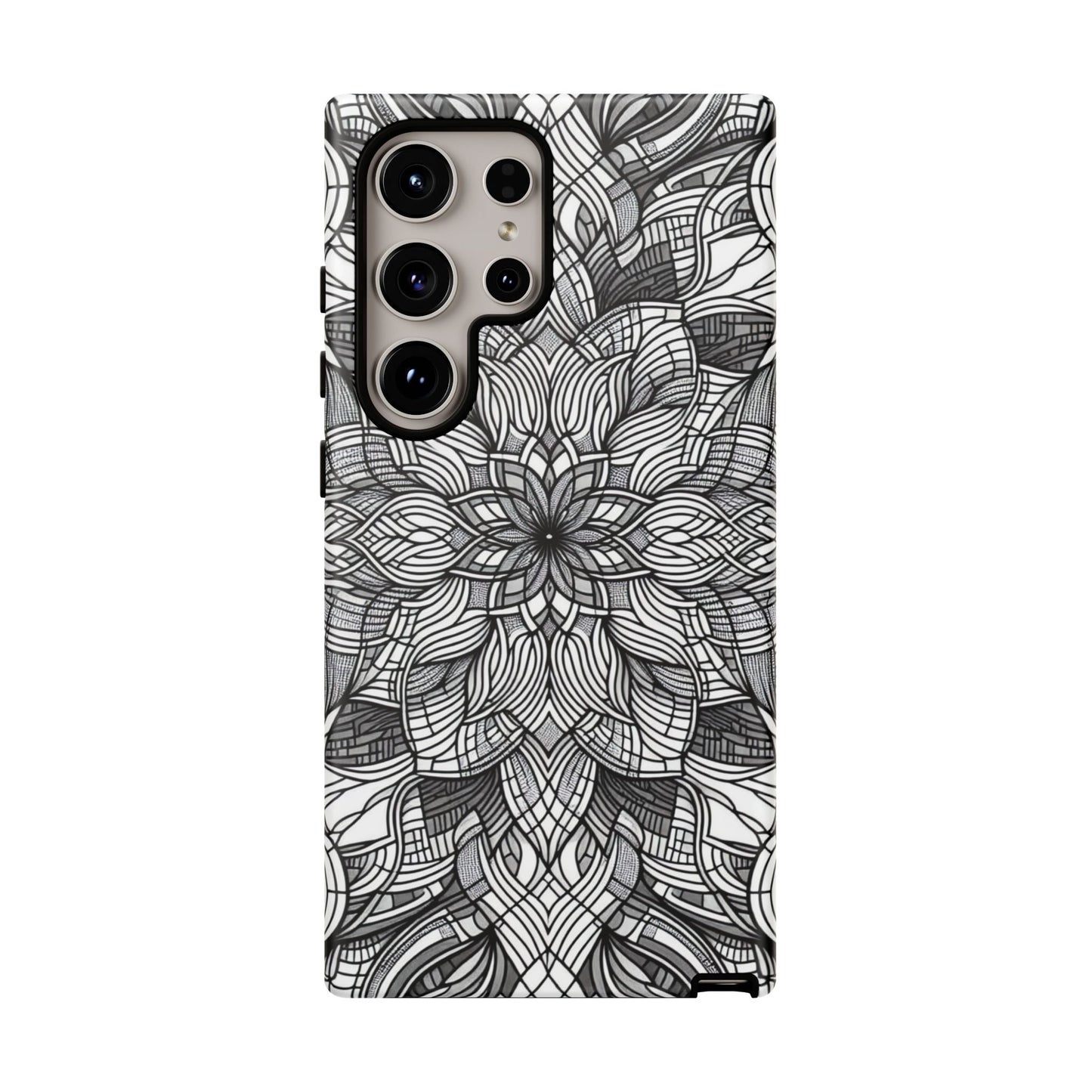 Black and White Art Explosion Samsung phone case with intricate floral design and full device protection