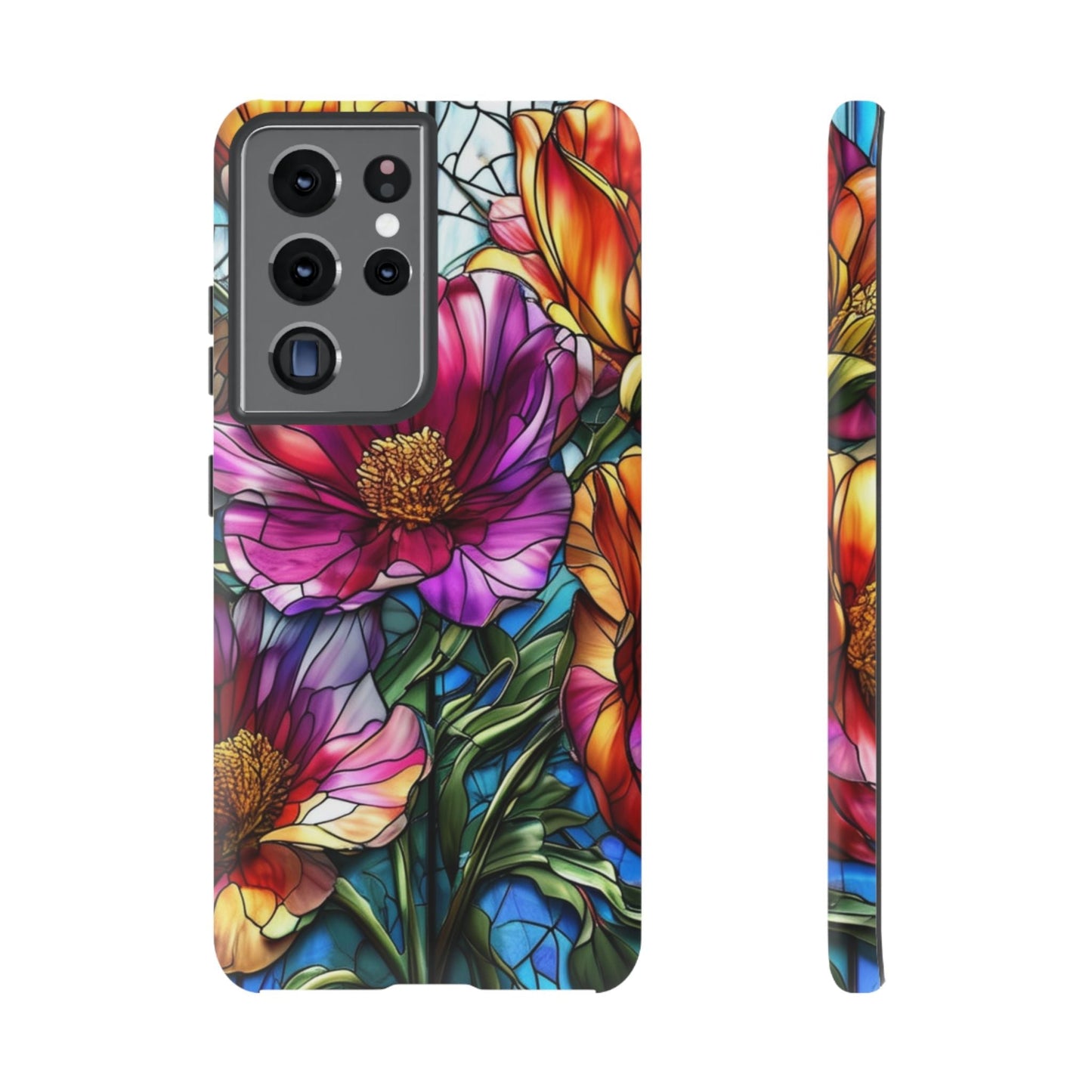 Samsung phone case with vibrant purple flower design, durable and impact-resistant with 3D wrap and UV protection
