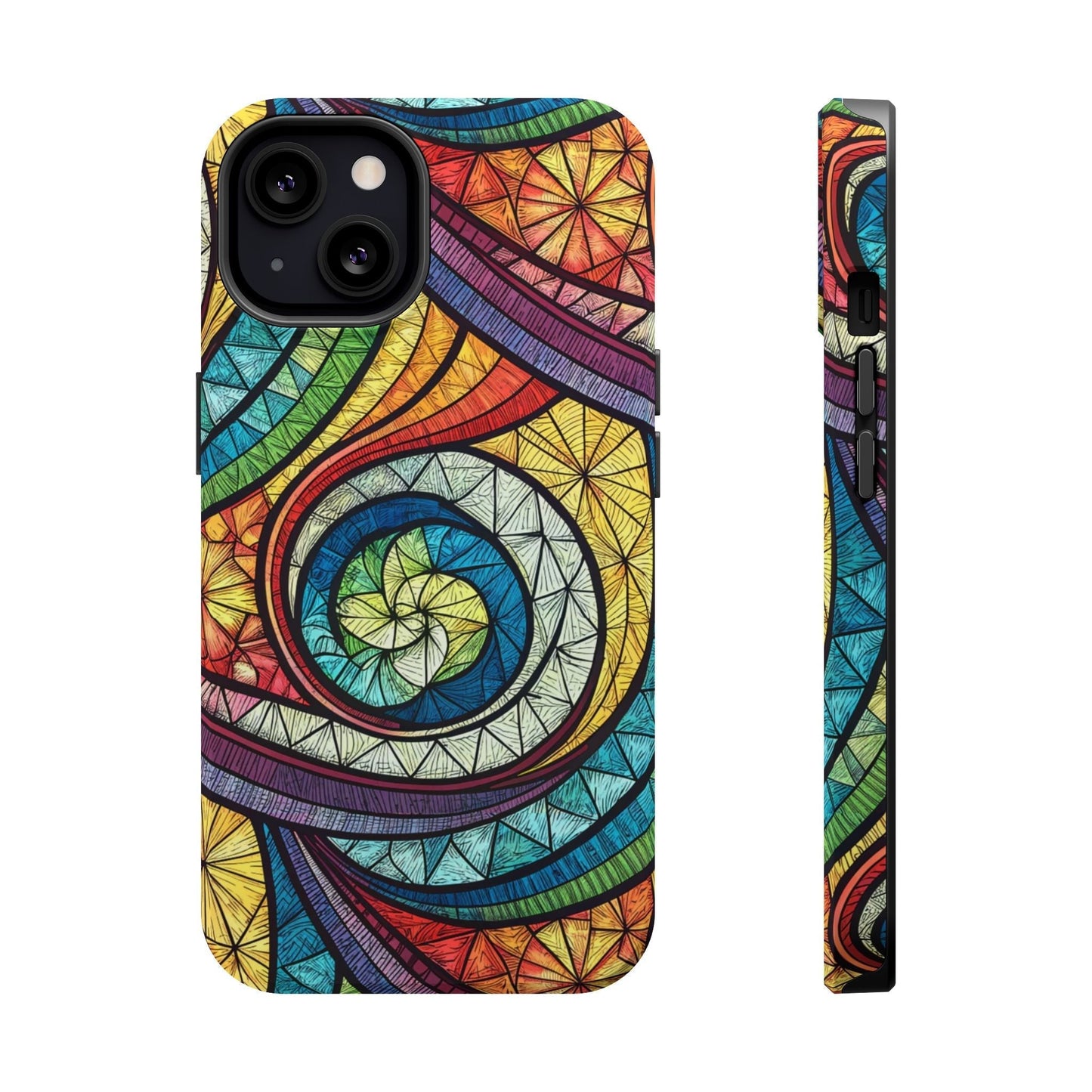 iPhone case with stained glass inspired rainbow swirl design and durable protective build