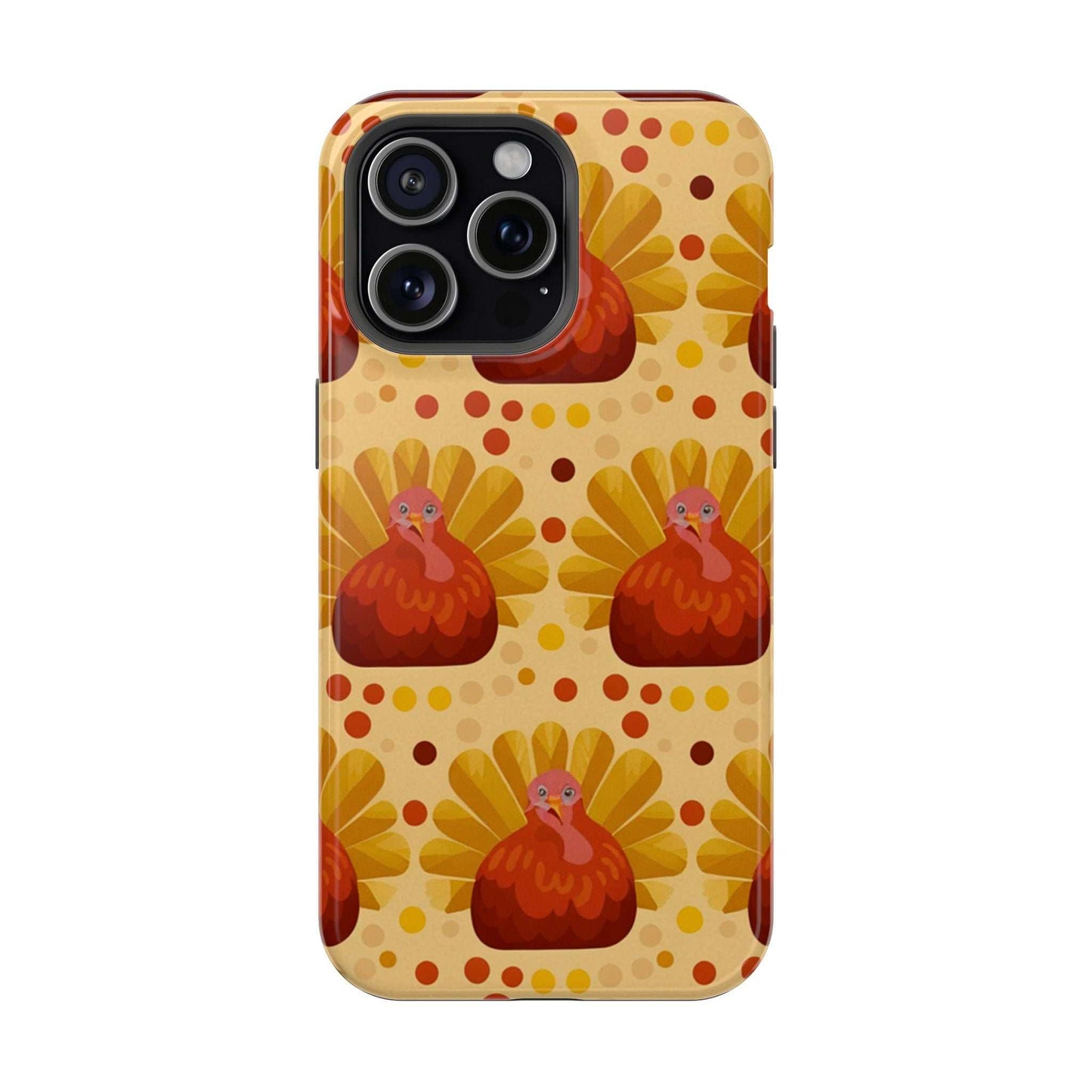 Turkey Celebration iPhone Case with festive turkey pattern, durable dual-layer protection, and MagSafe compatibility for Thanksgiving holiday.