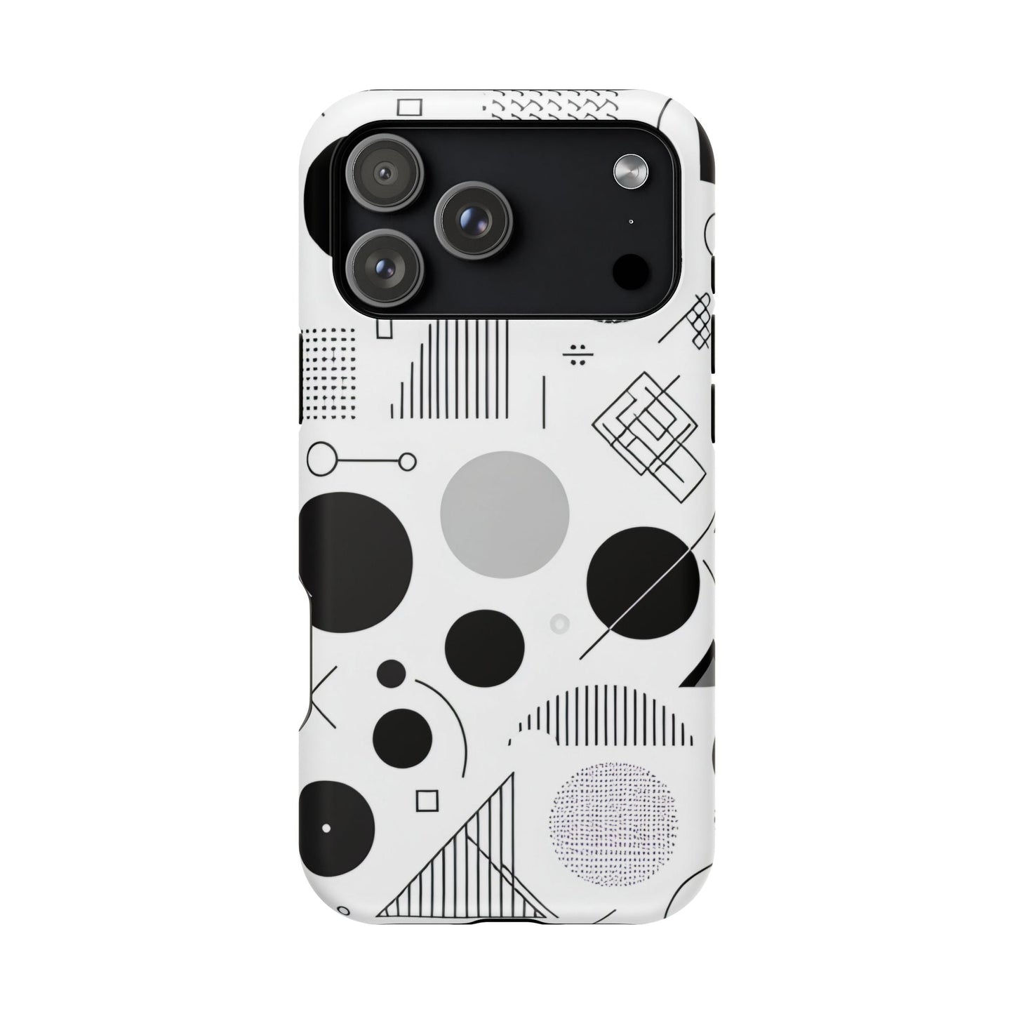 Black and white abstract art iPhone case with modern geometric design and MagSafe compatibility