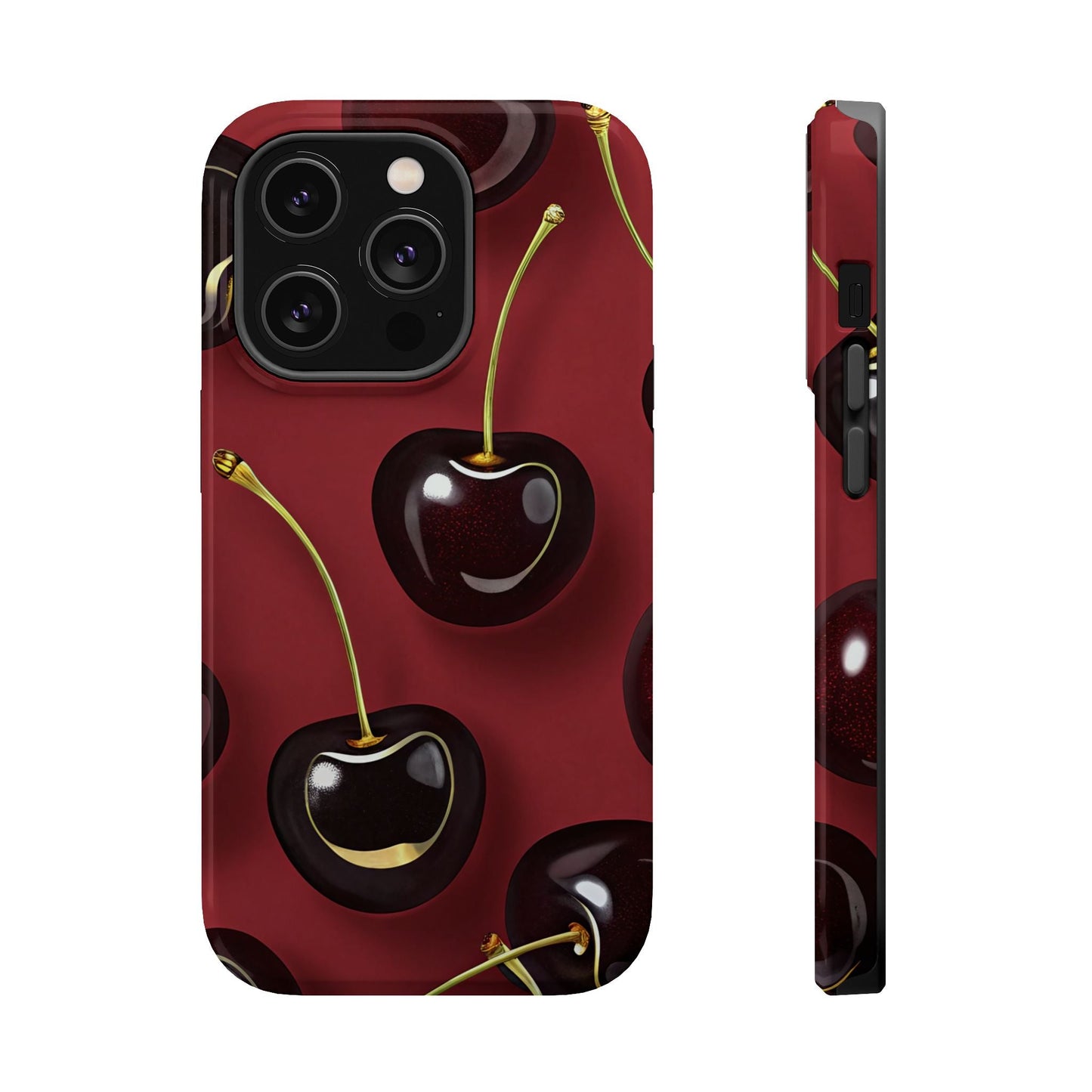 Cherry iPhone tough case with vibrant dual-layer protection and MagSafe compatibility featuring photo-realistic cherry design