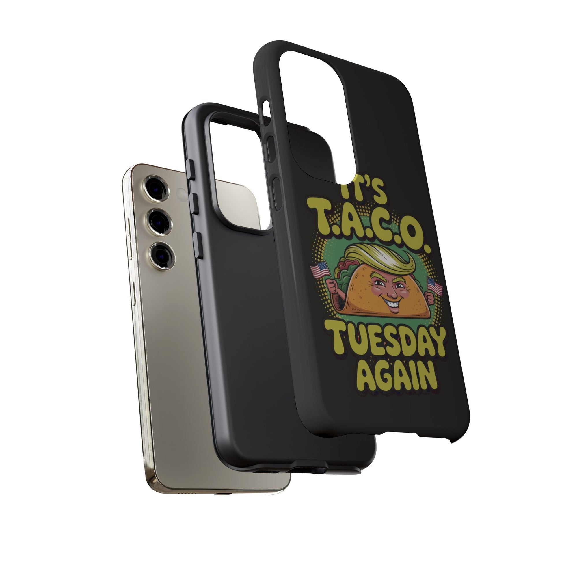 Samsung phone case with political satire taco Tuesday design, durable black protective cover for Galaxy models