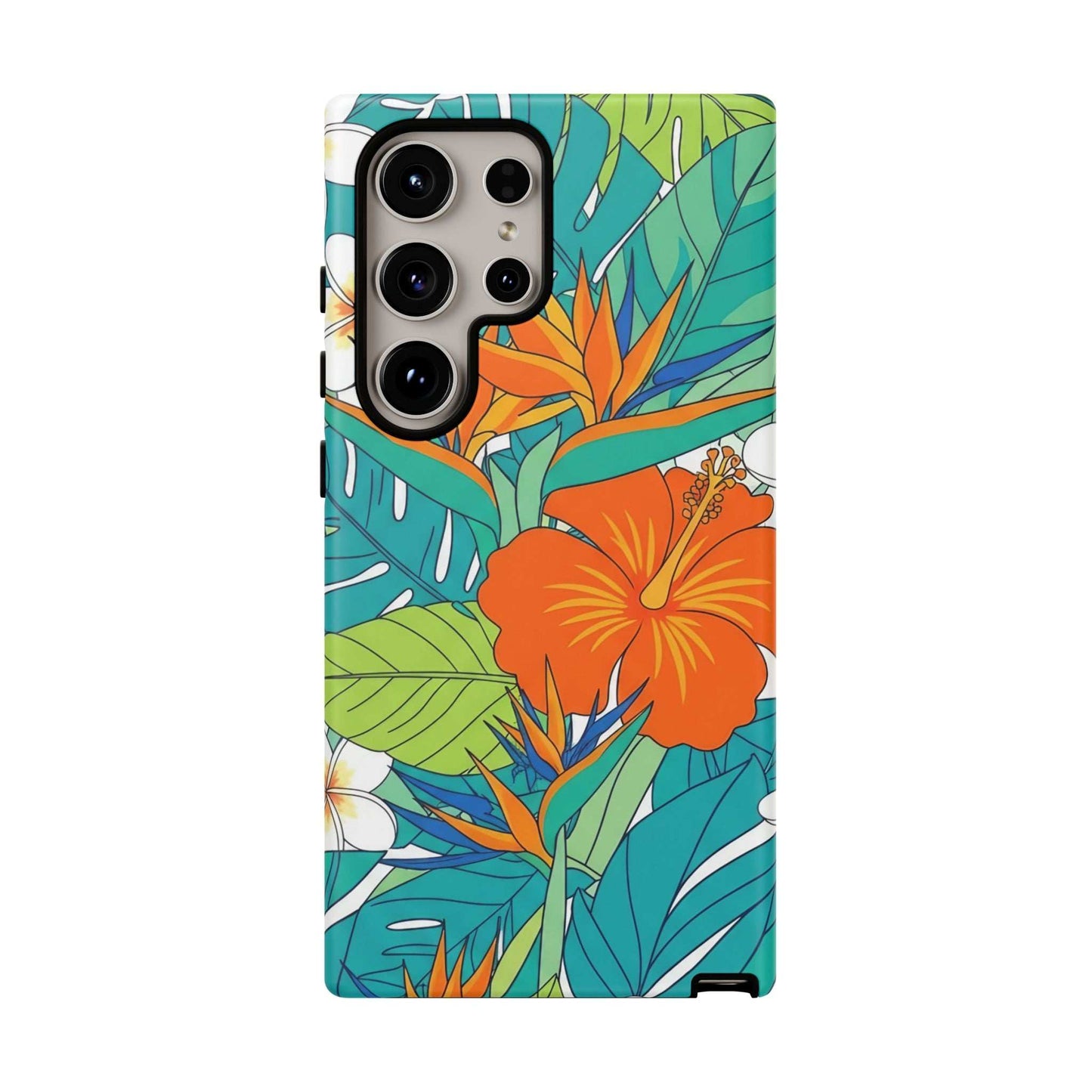 Vibrant floral Samsung case with tropical orange hibiscus and green leaves design, durable and shock-absorbent protective cover.
