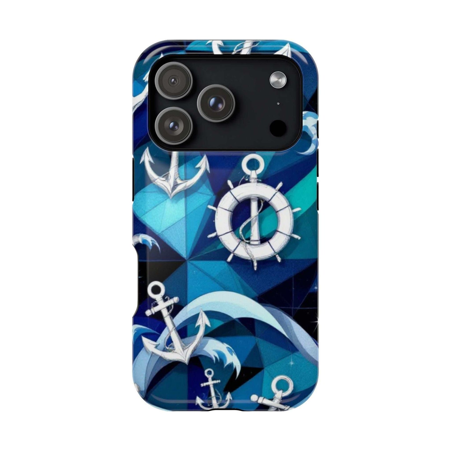 Durable Nautical Anchors iPhone case with maritime design and MagSafe compatibility in blue tones