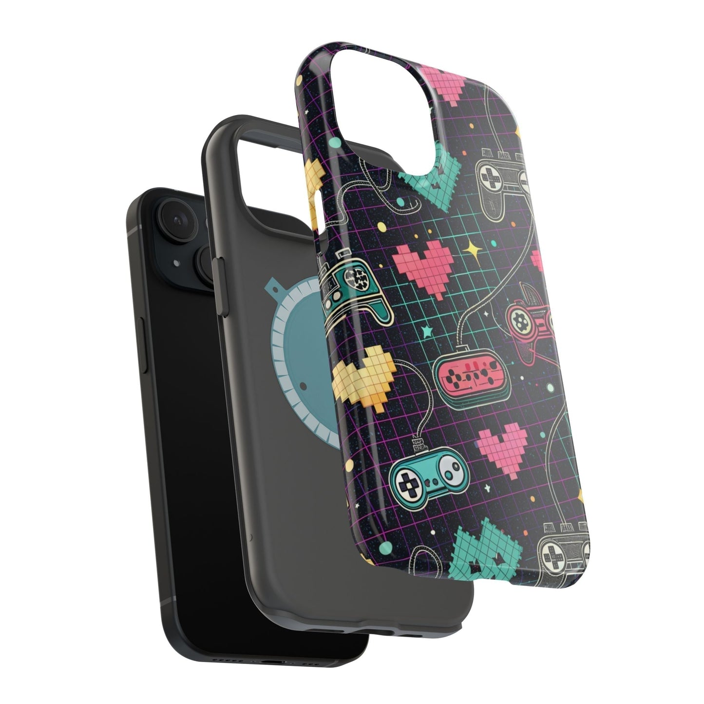 Retro Gamer Inspired dual-layer iPhone case with colorful pixelated hearts and game controllers, durable shock-absorbent design with MagSafe compatibility.