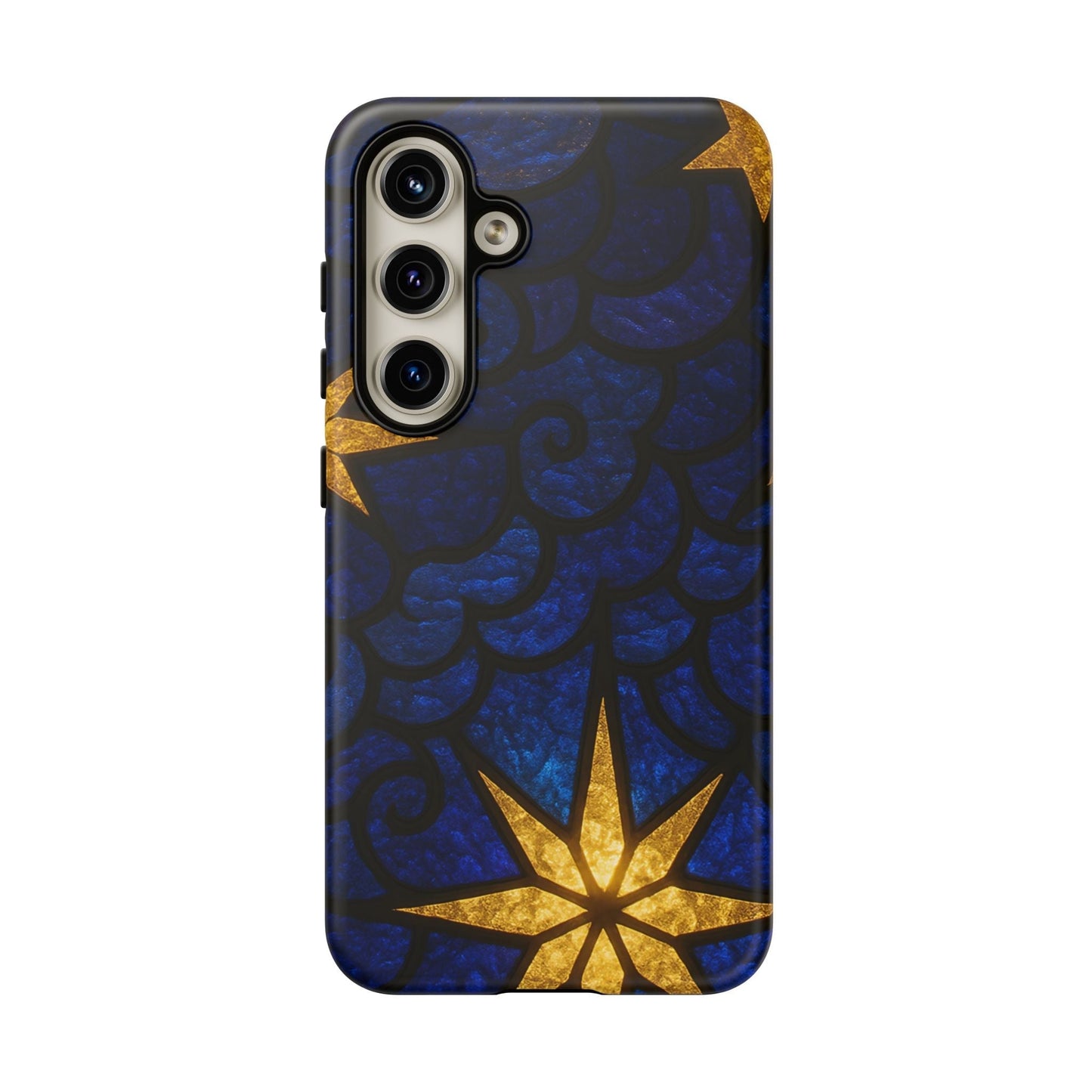 Golden Star Samsung phone case with blue and gold star design, durable and impact-resistant protection for Samsung Galaxy models