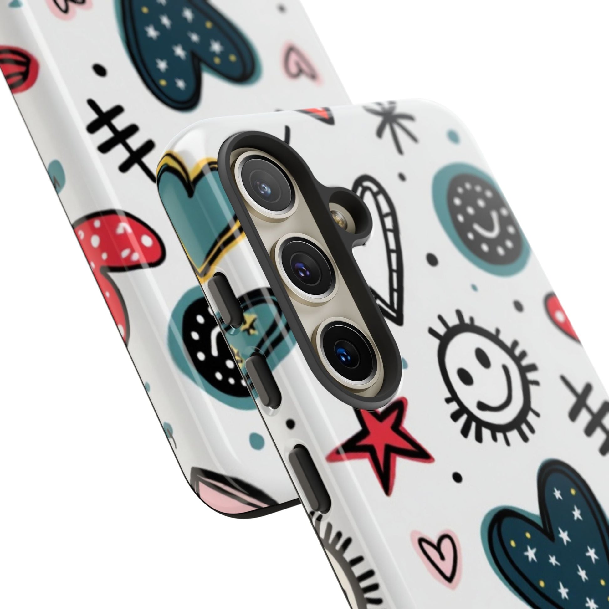Smiles and Hearts Samsung tough phone case with colorful playful hearts and smiley face design, durable shock-absorbent protection for Samsung Galaxy phones