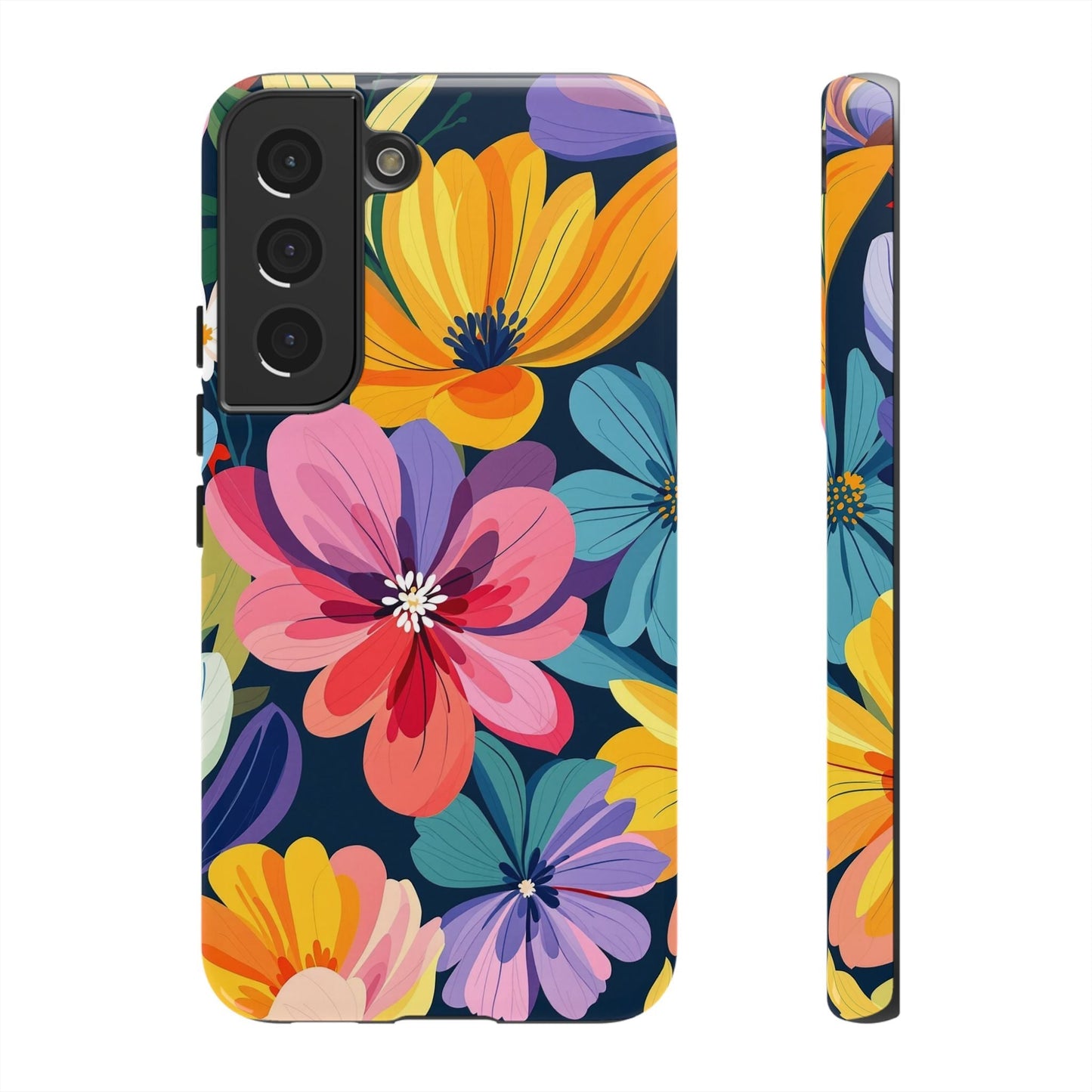 Colorful floral Samsung phone case with vibrant flowers and durable shock-absorbing design