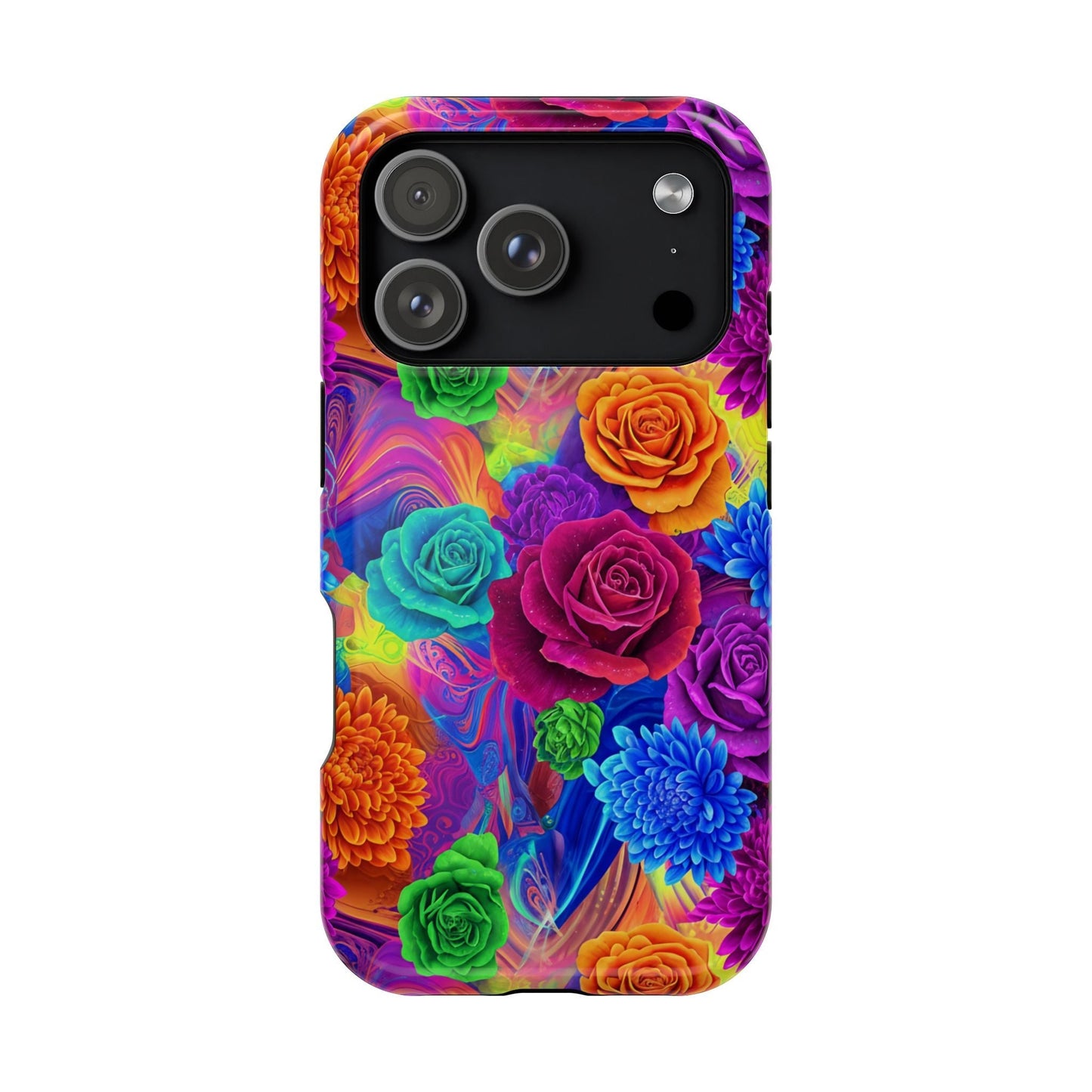 iPhone tough case with vibrant seamless floral pattern, dual-layer impact-resistant design, and MagSafe compatibility