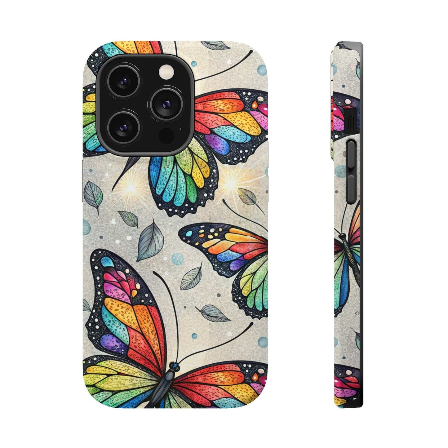 iPhone case with vibrant rainbow butterfly design, dual-layer protection, and MagSafe compatibility in matte or glossy finish