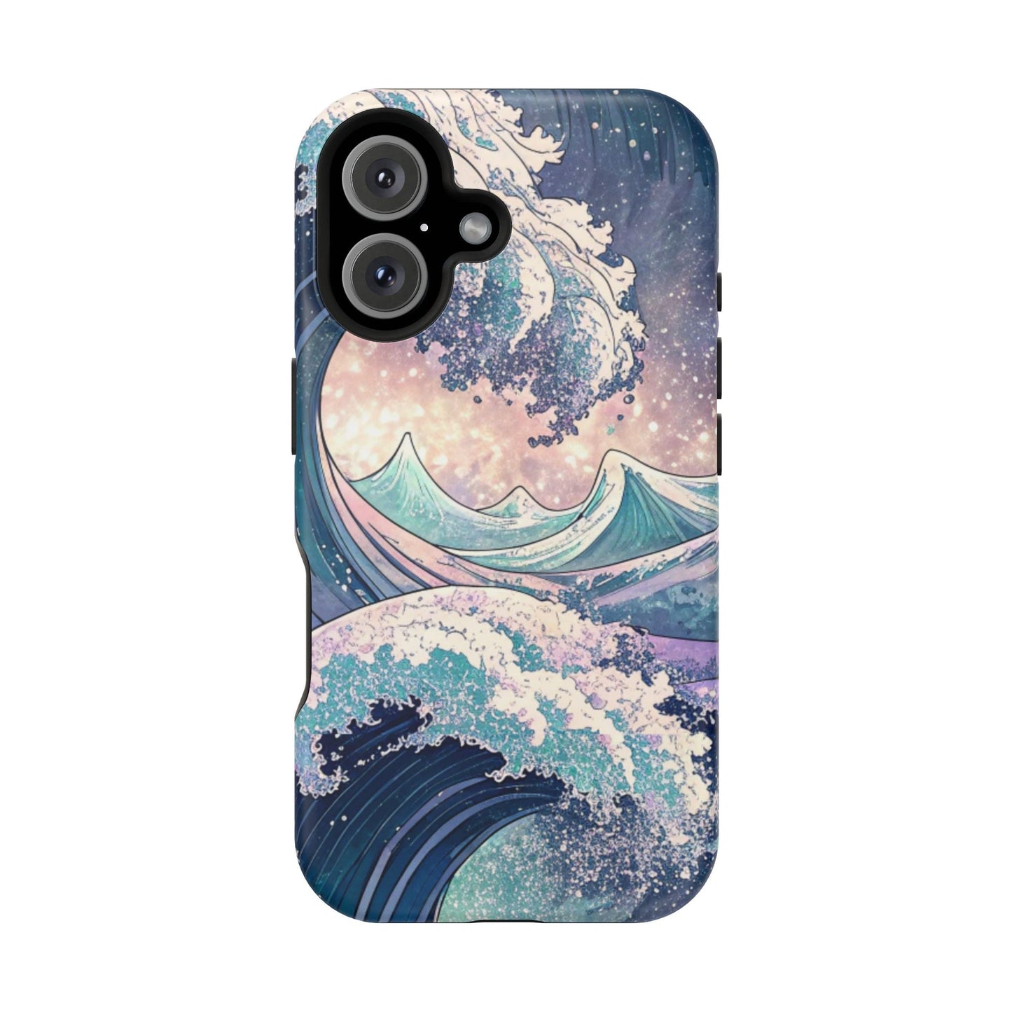 iPhone magnetic tough case with crashing waves design in blue and purple tones, durable dual-layer protection and MagSafe compatibility