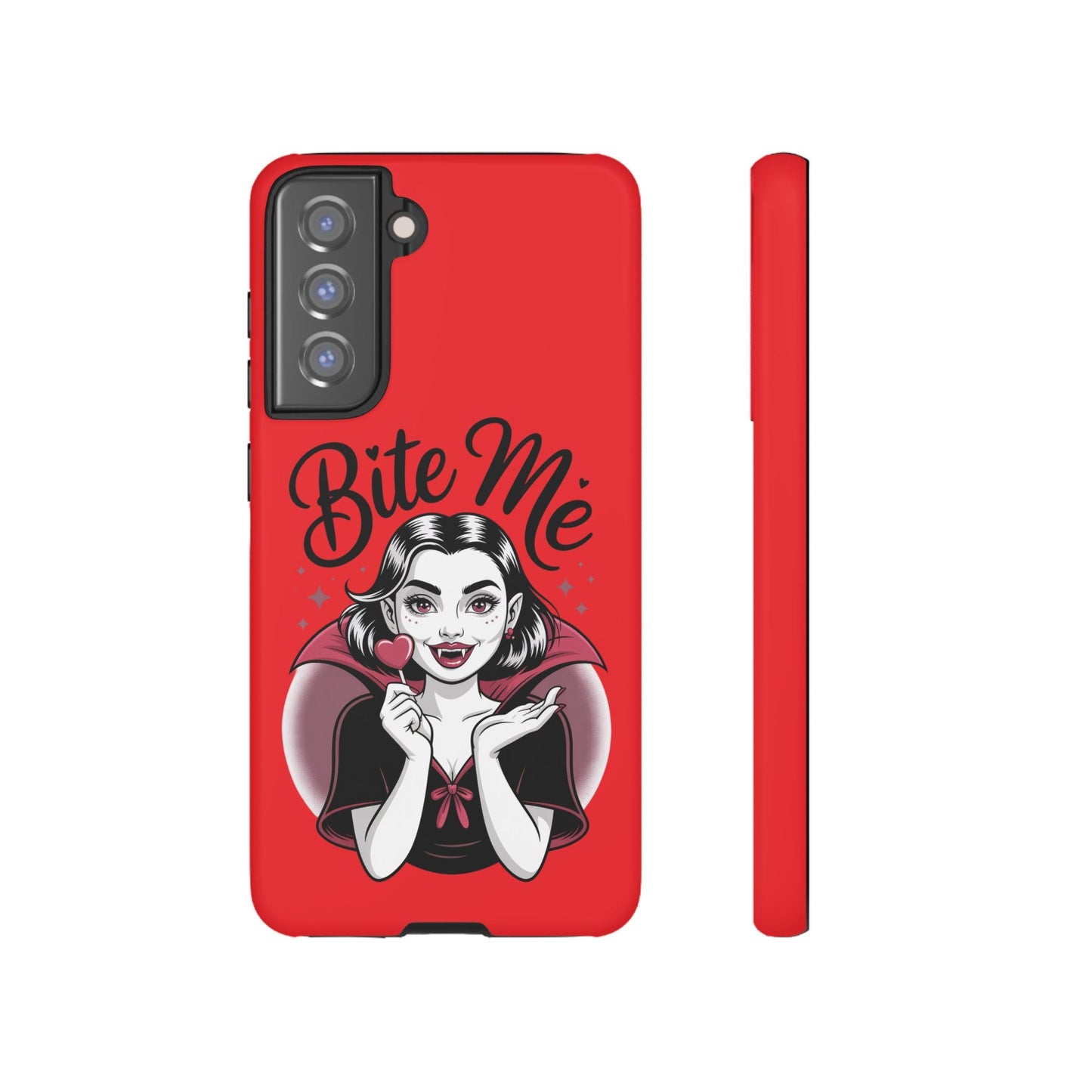 Red Samsung phone case with cartoon vampire woman and "Bite Me" text, Halloween themed, durable protective cover.