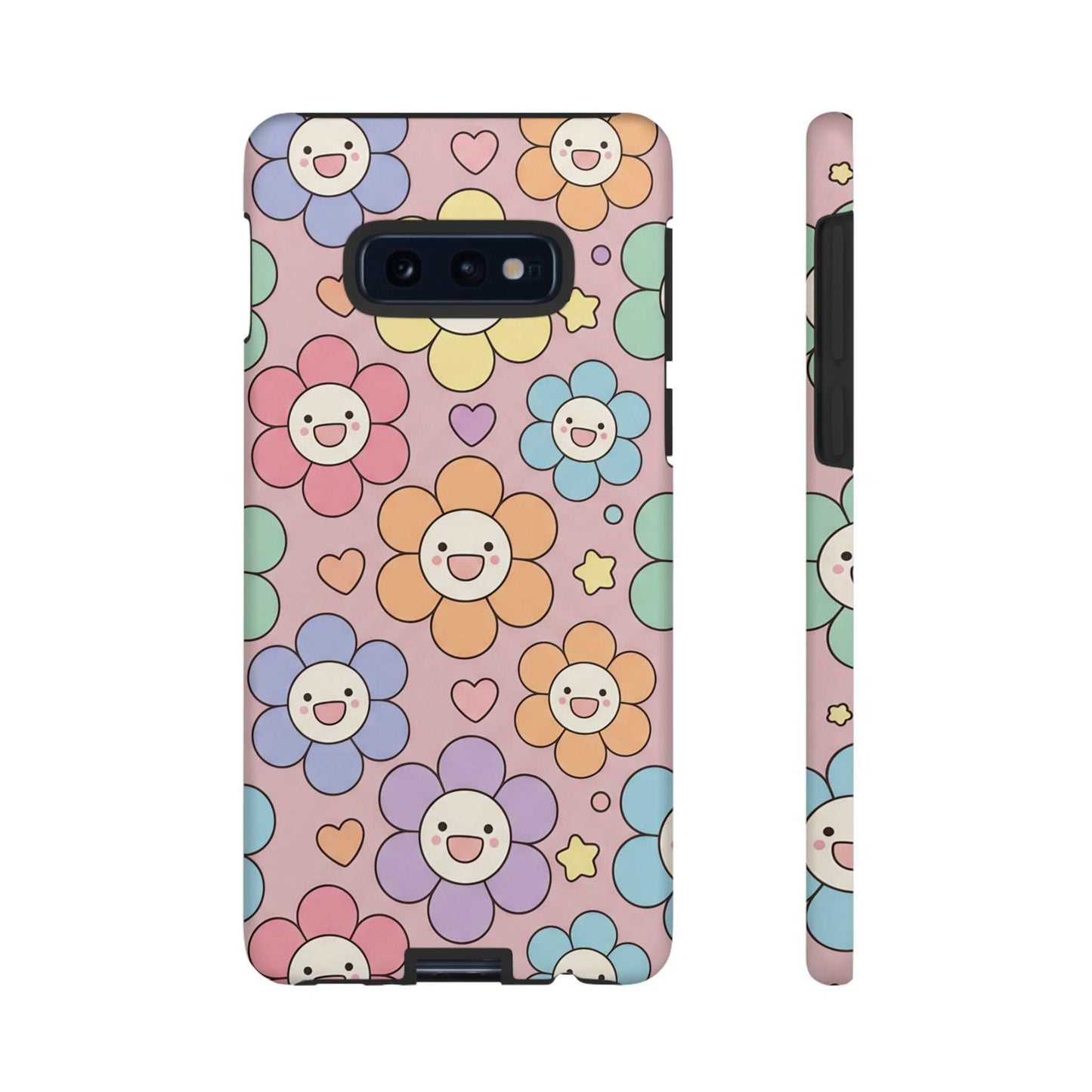 Happy Flower Samsung Phone Case with colorful smiling floral pattern and heart accents, dual-layer protective design for Samsung phone.