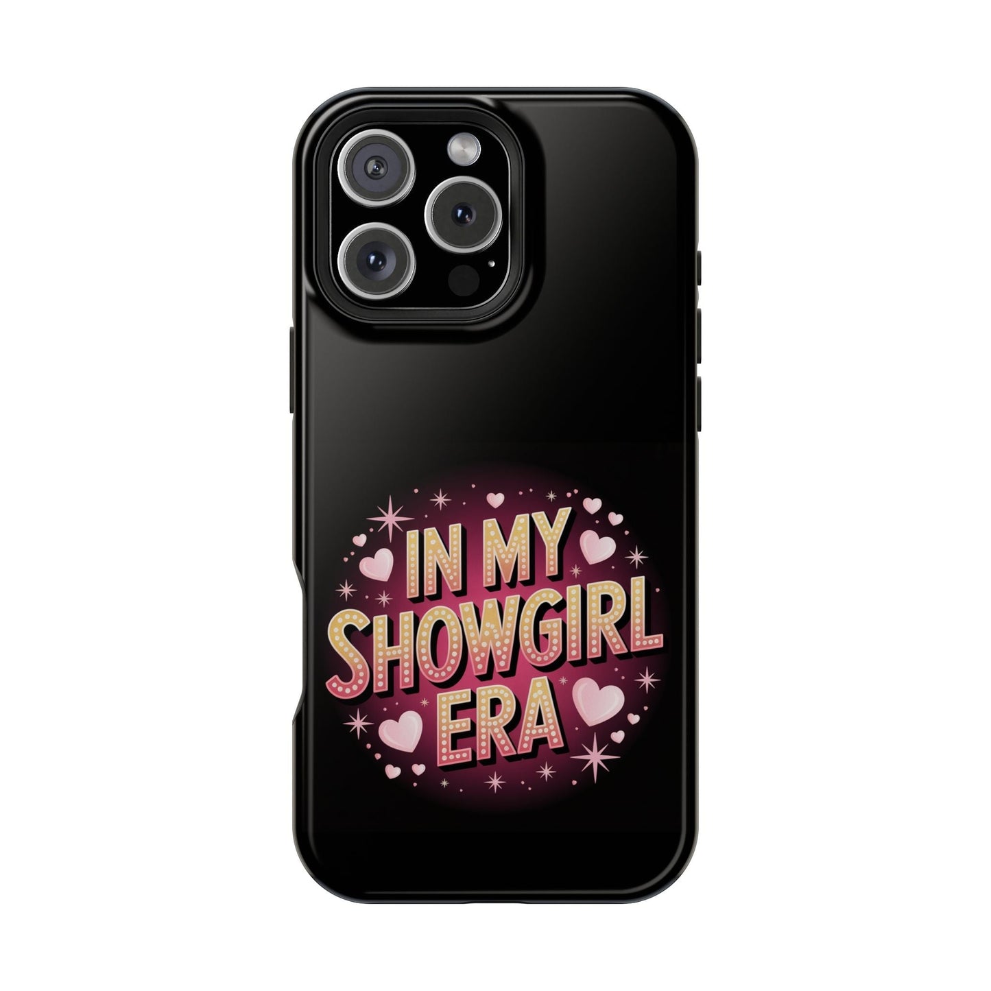 Black iPhone tough case with vibrant "In My Showgirl Era" retro showgirl design and MagSafe compatibility
