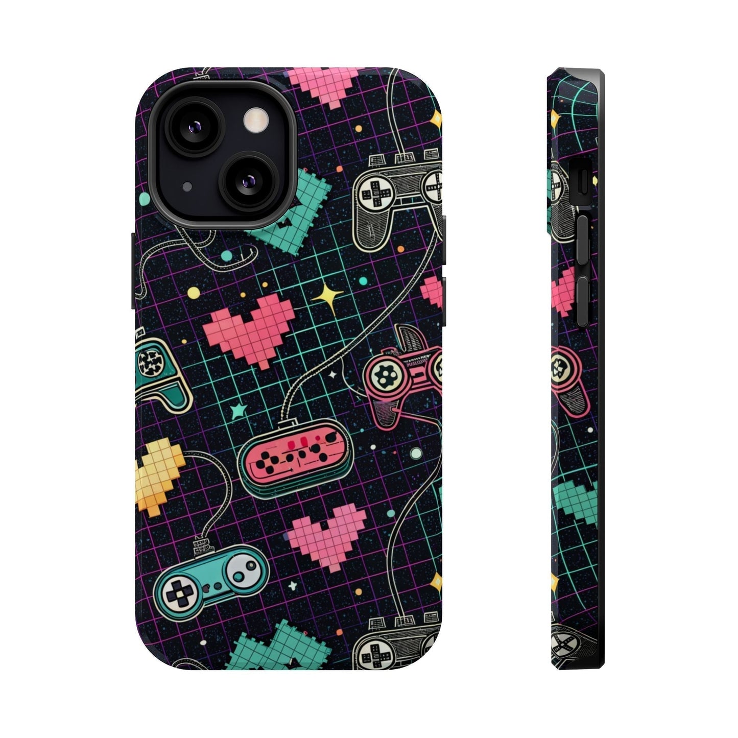 Retro Gamer Inspired dual-layer iPhone case with colorful pixelated hearts and classic game controllers design, MagSafe compatible.