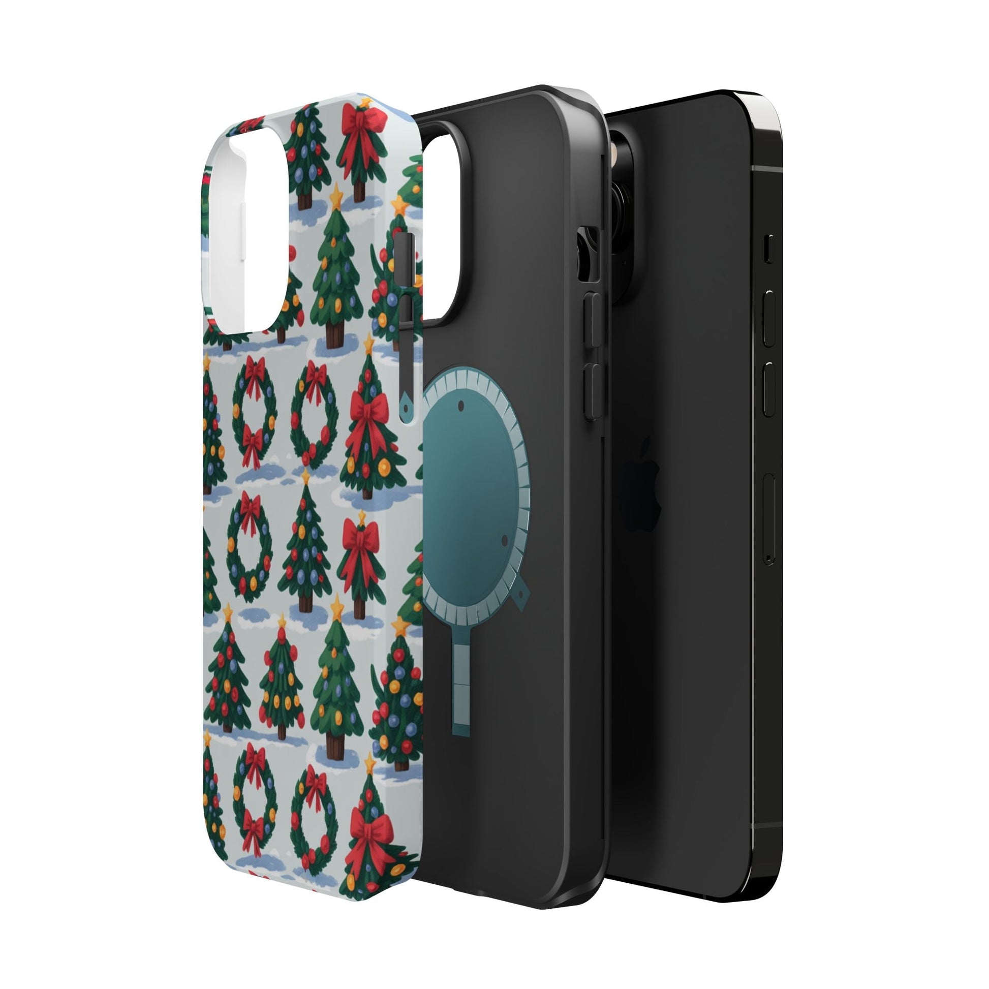 iPhone case with festive holiday tree and wreath design, durable dual-layer protection, and MagSafe compatibility