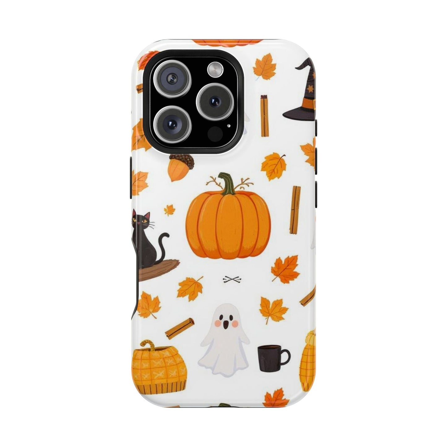 iPhone case with Halloween pumpkins, ghosts, autumn leaves, and spooky design