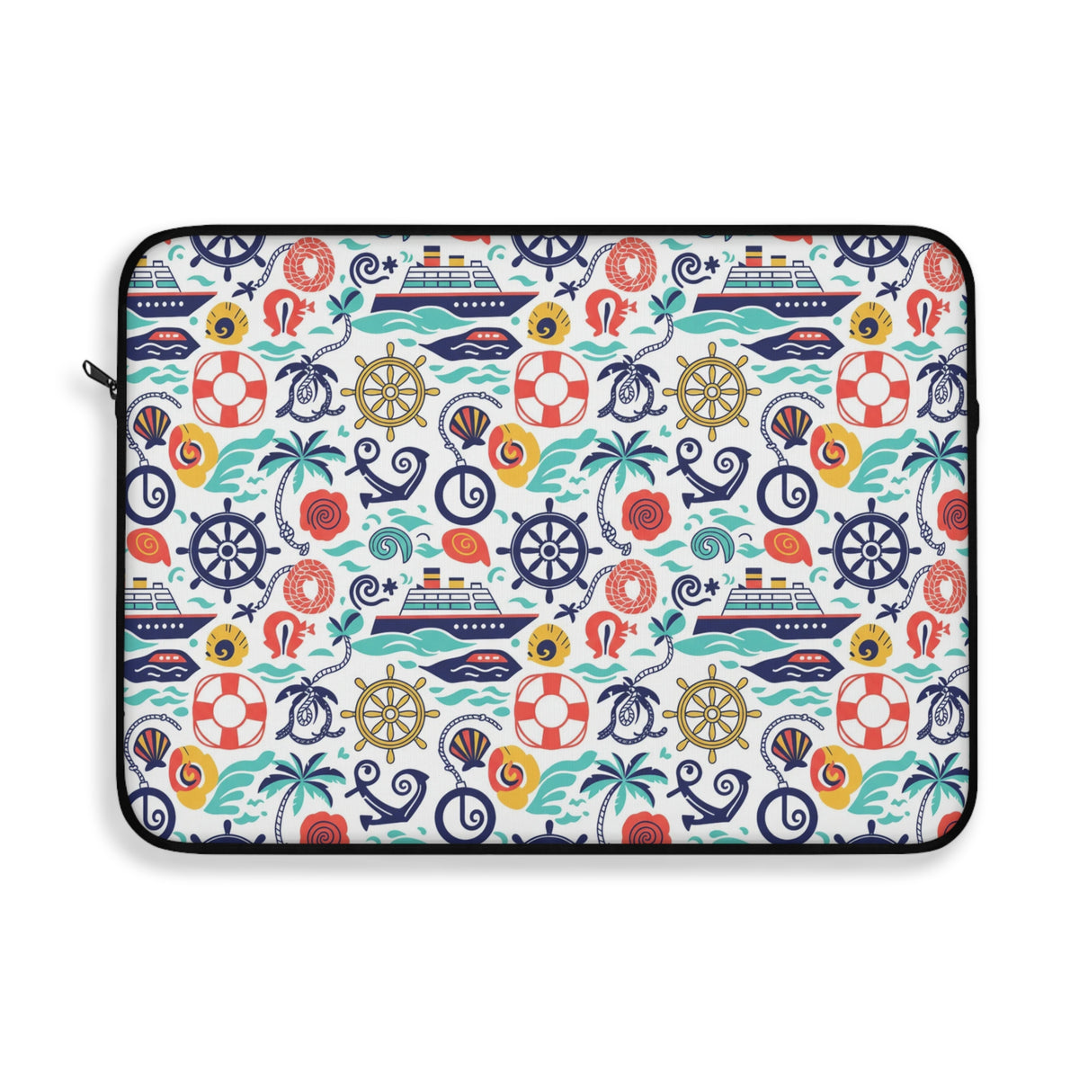 Laptop sleeve with a nautical pattern featuring ships, anchors, life preservers, and seashells.