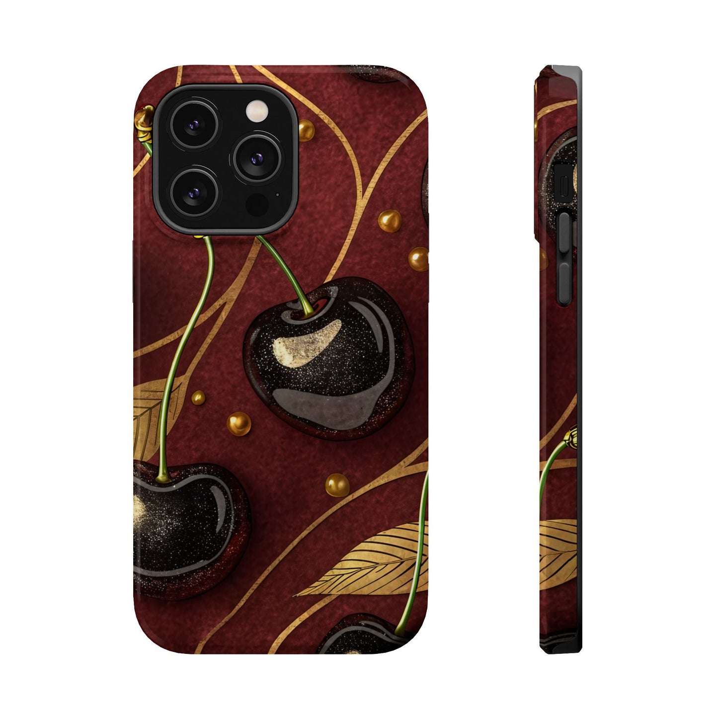 Golden Cherry iPhone Tough Case with vibrant cherry-gold design and MagSafe compatibility for iPhone 13 to 17 Pro Max.