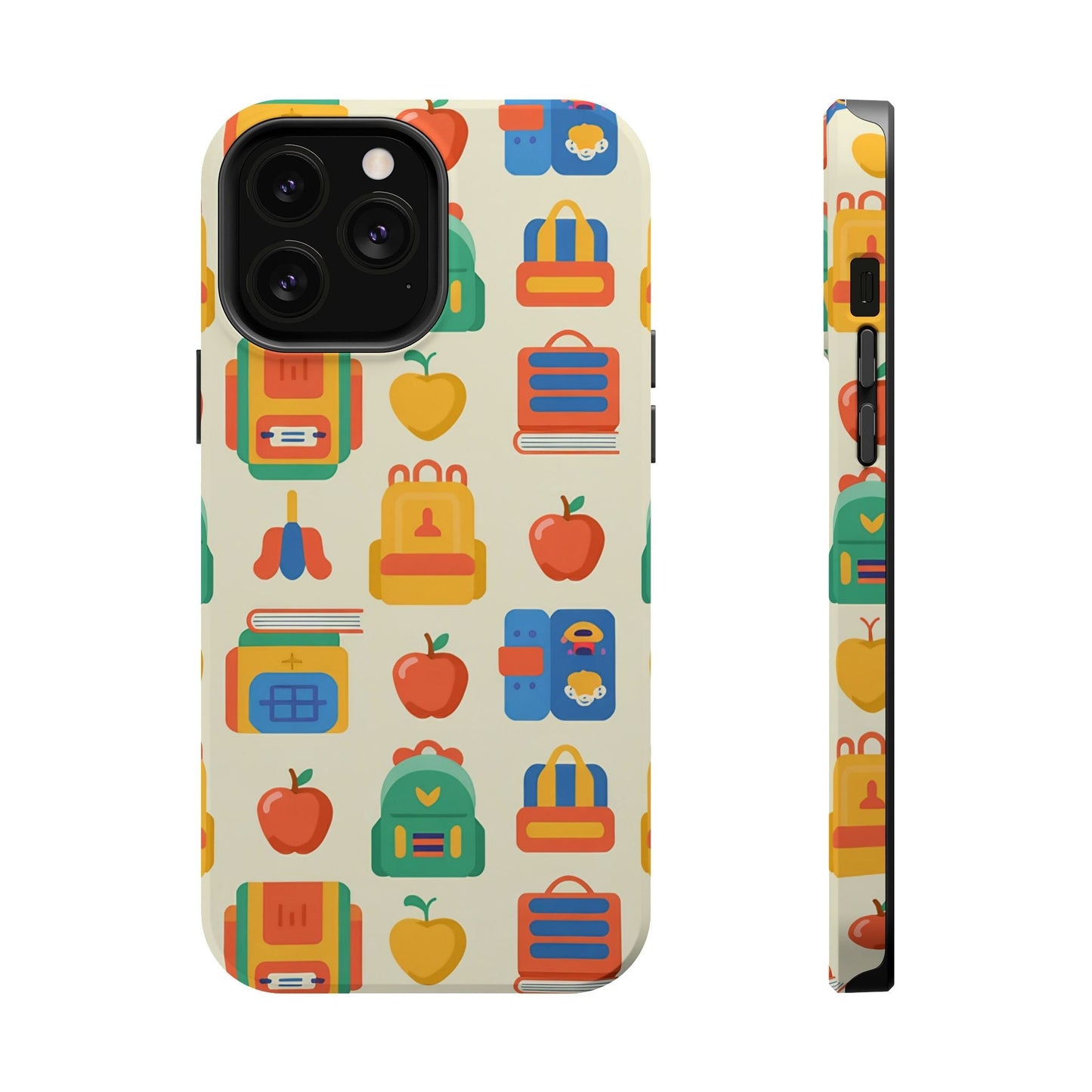 Back to School Phone Case with colorful school-themed icons and MagSafe for iPhone protection