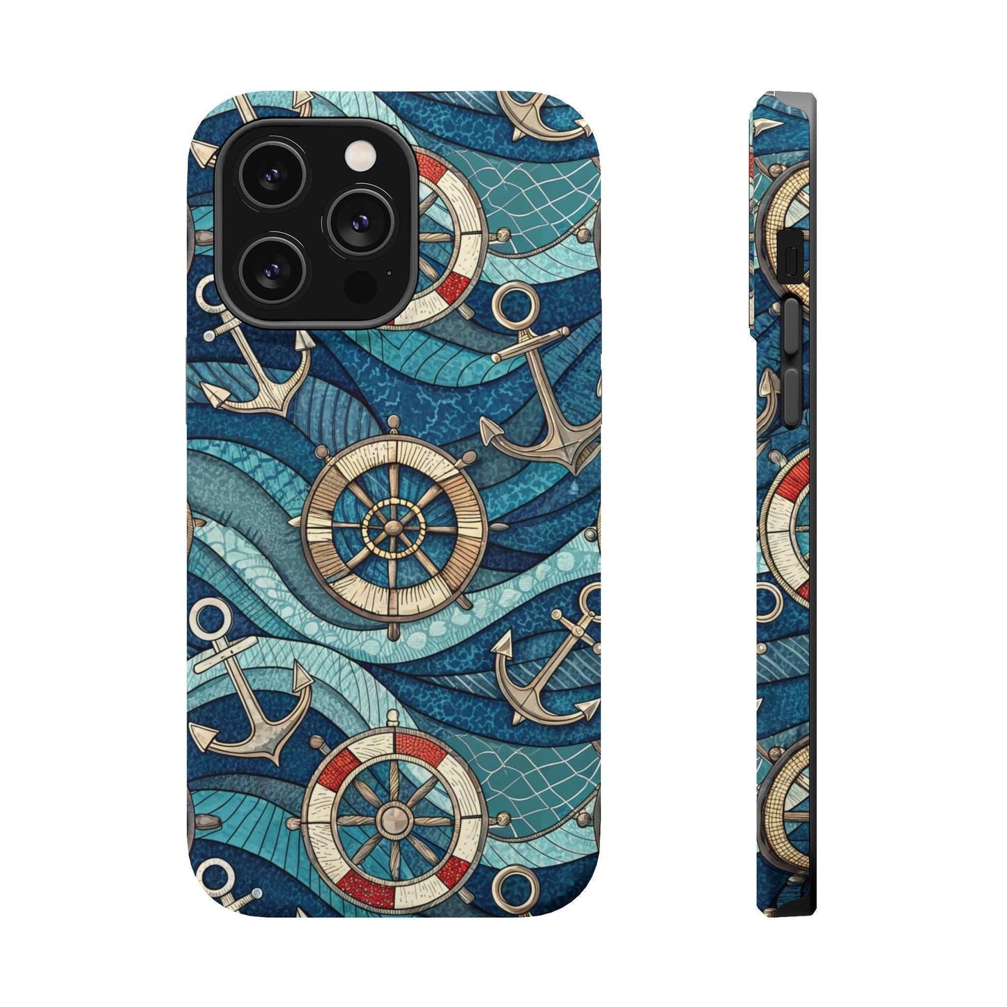 Nautical theme iPhone case with anchors and ship wheels design in blue tones for iPhone 13-16 series, durable coastal style phone protection