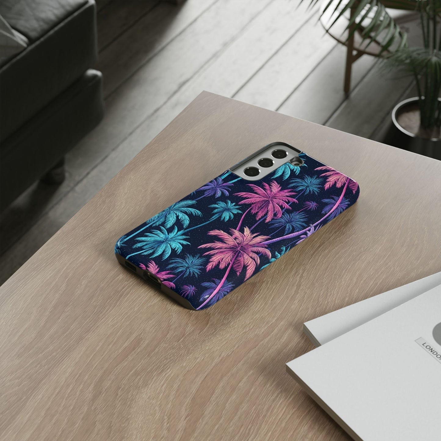 Samsung phone case with colorful neon palm tree design on dark background, durable and stylish protective cover