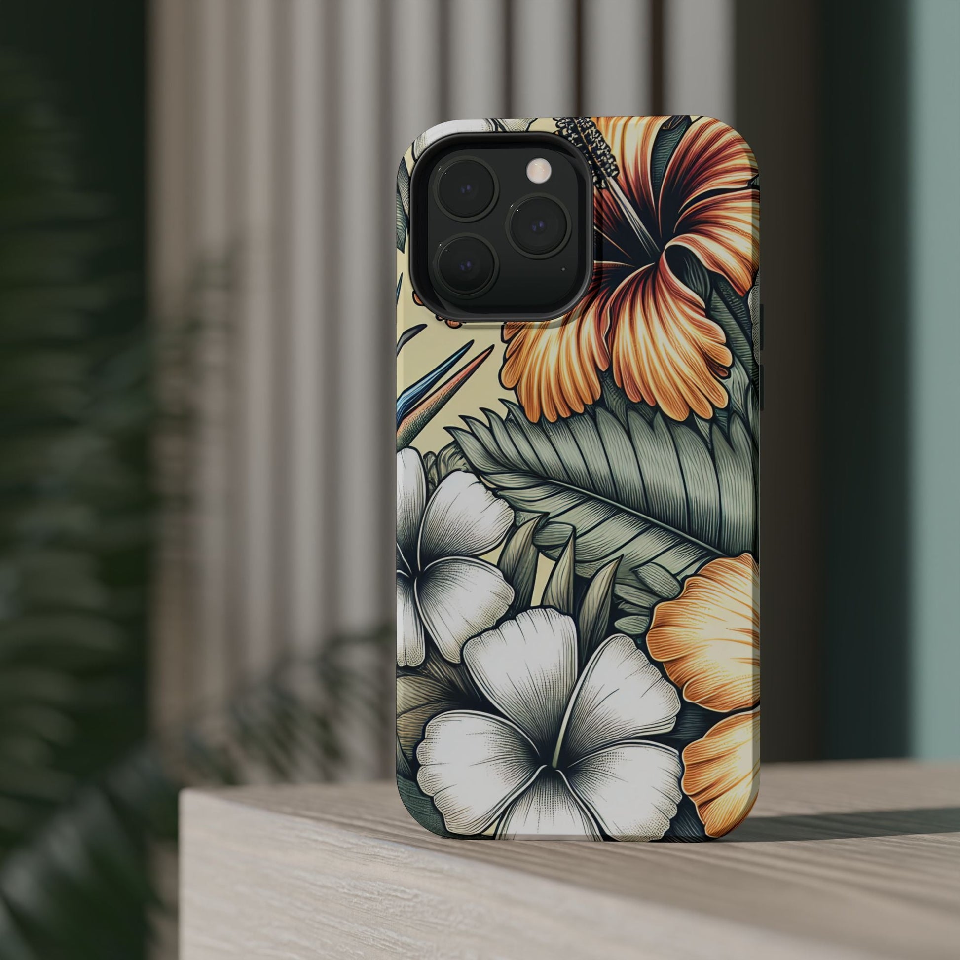 Golden Tropical Floral iPhone tough case with durable protective cover and MagSafe compatibility