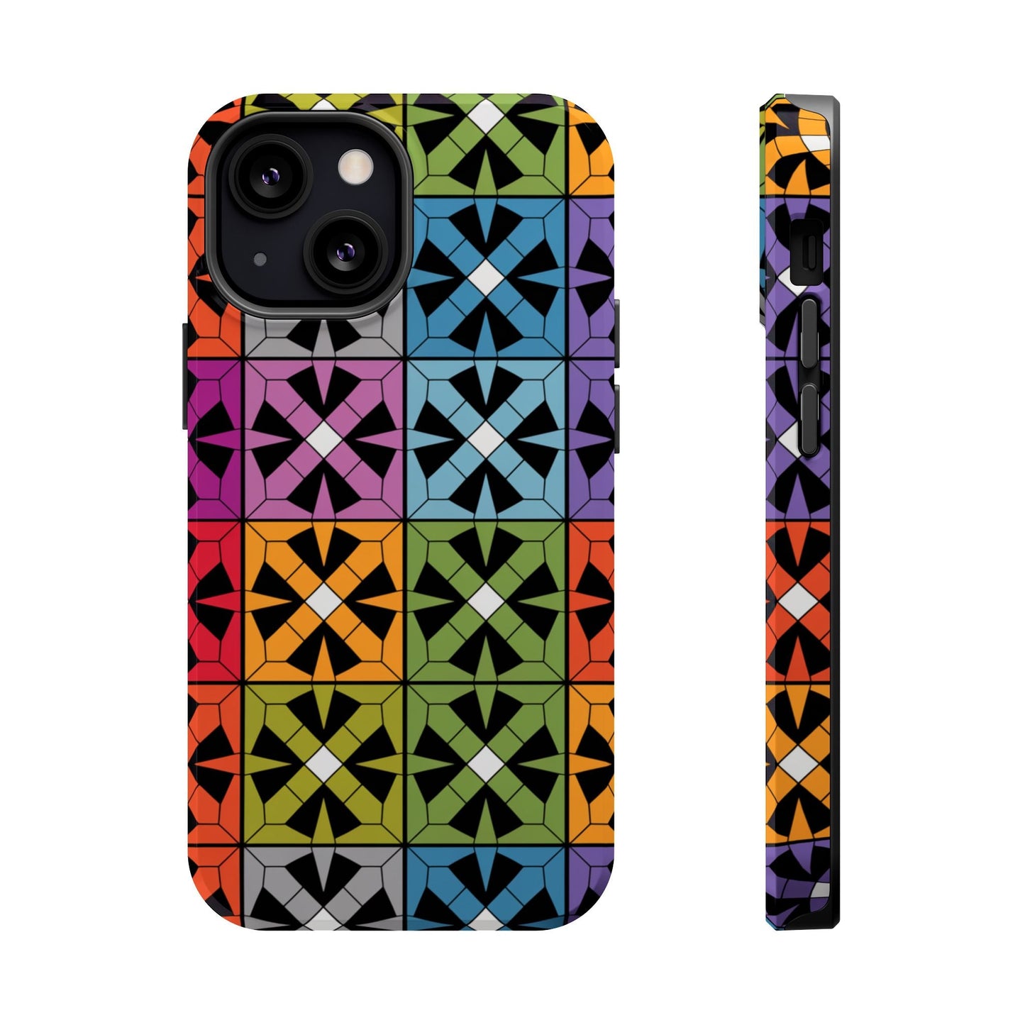 Rainbow Squares iPhone Tough Case with vibrant multicolor geometric pattern and durable dual-layer protection for iPhone 14, 15, and 16 models.