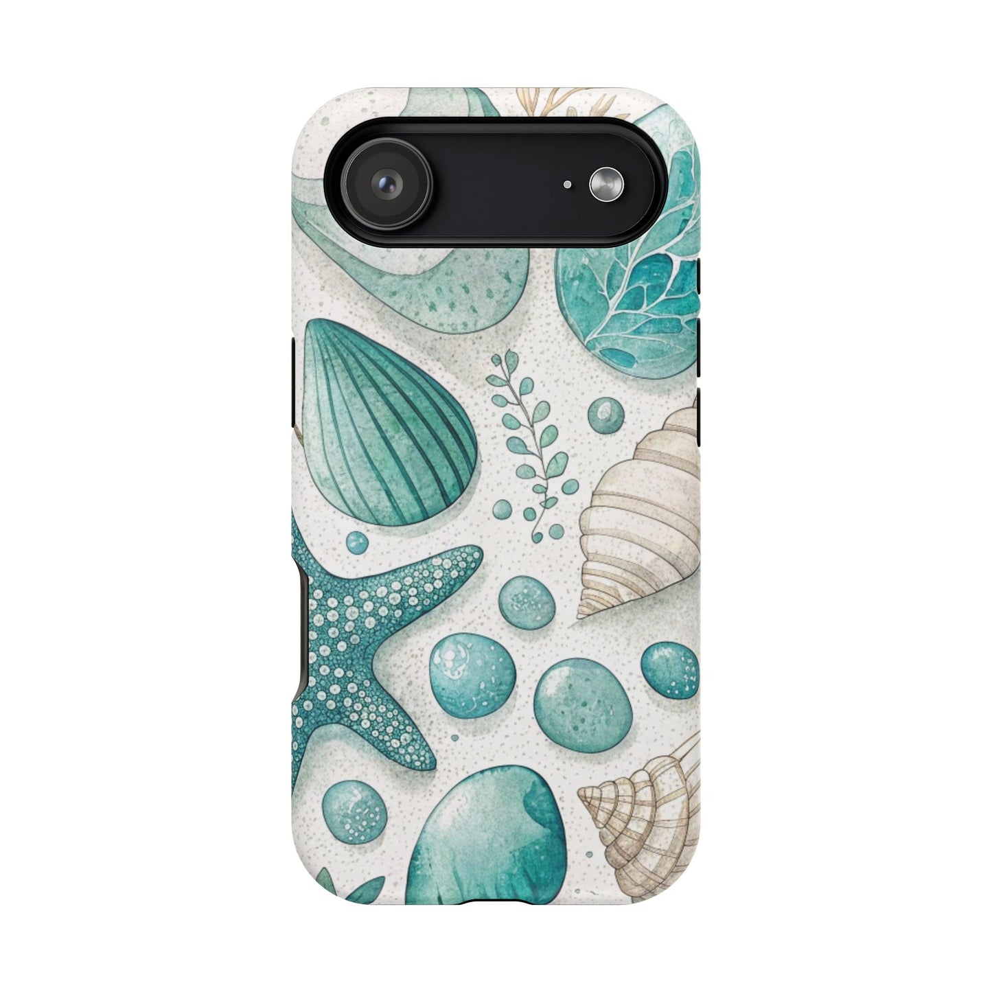 Celebration Sea iPhone Tough Case with vibrant sea shell and starfish design, durable protective cover with MagSafe compatibility.