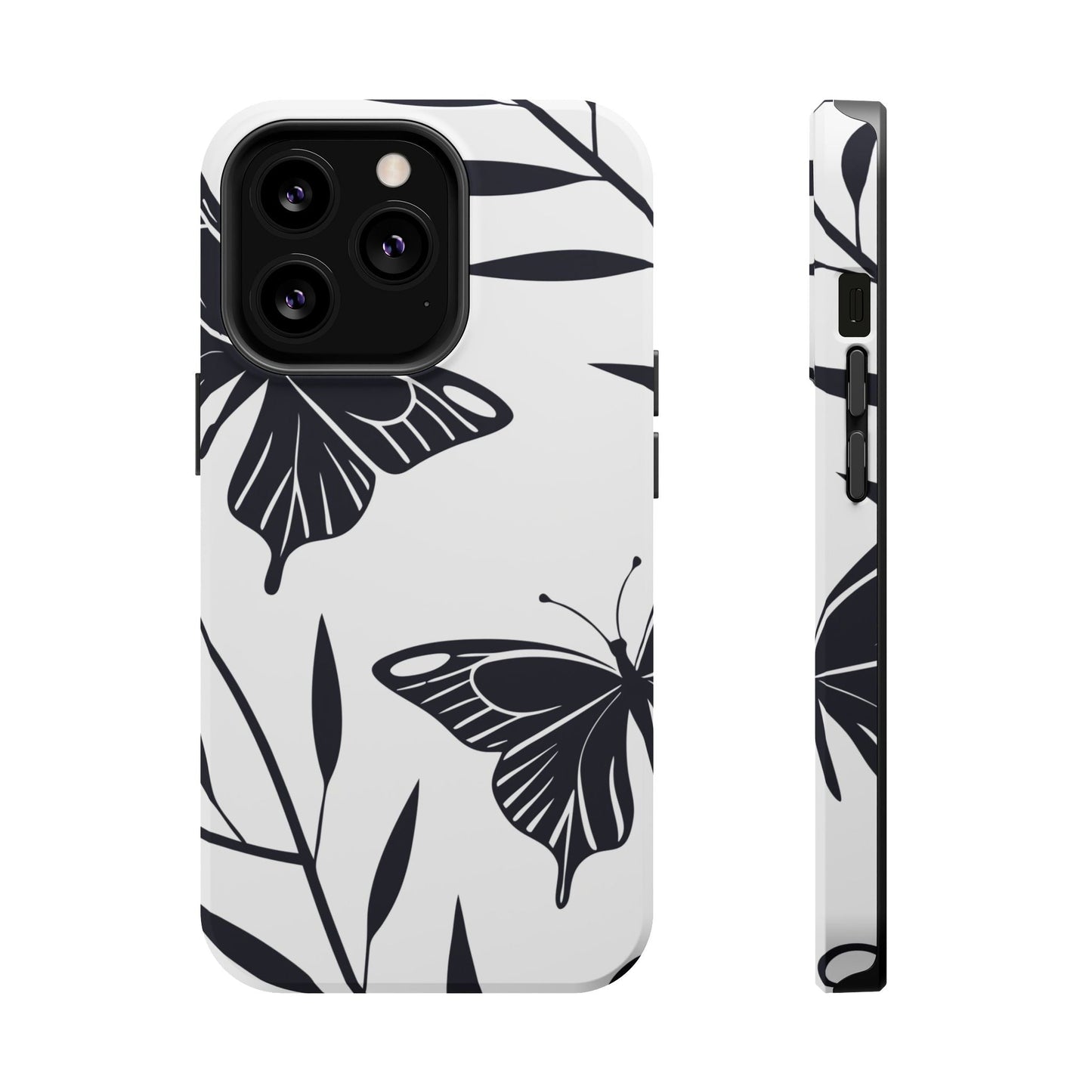 Black and white minimalist butterfly design iPhone case with protective dual-layer build and MagSafe compatibility
