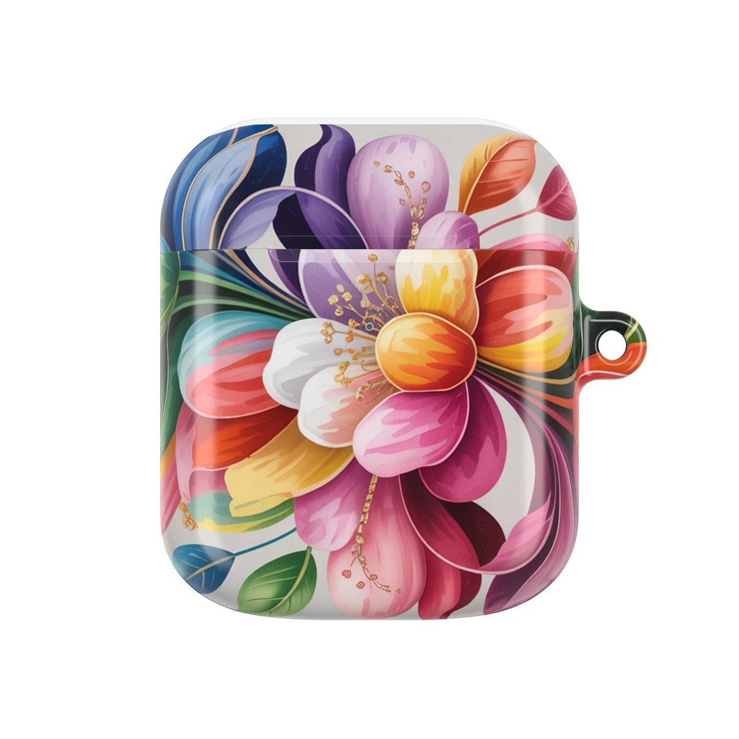 Floral polycarbonate AirPod case with vibrant colorful flower design and carabiner attachment