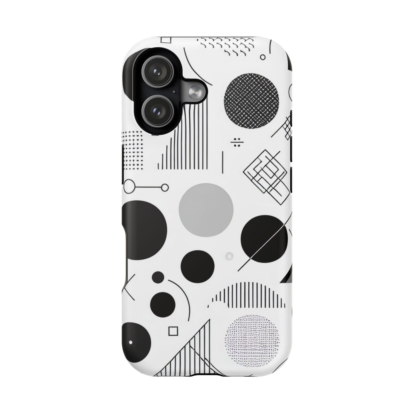 Black and white abstract art iPhone case with geometric patterns and MagSafe compatibility