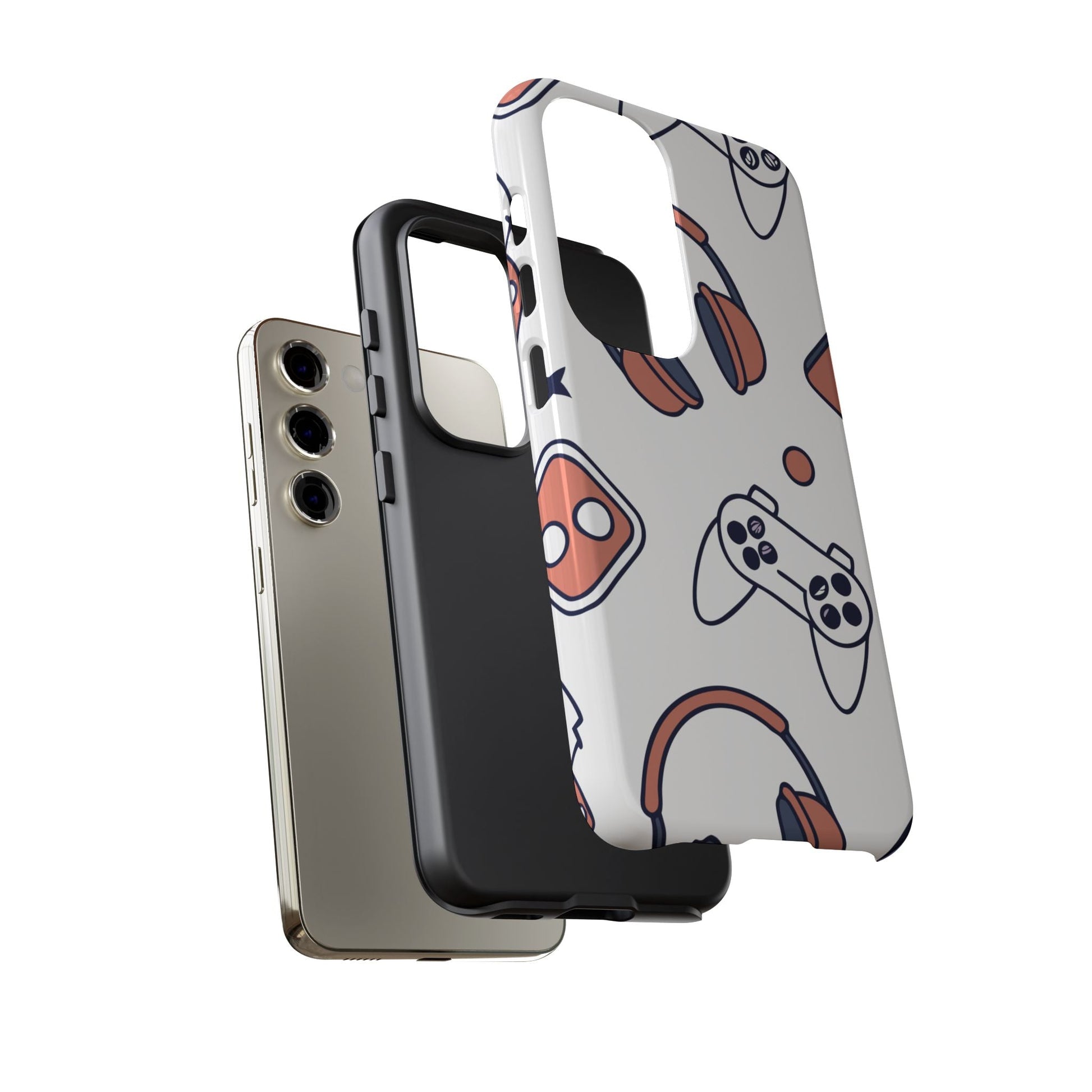 Samsung phone with gamer-themed tough protective case featuring game controller and headset illustrations