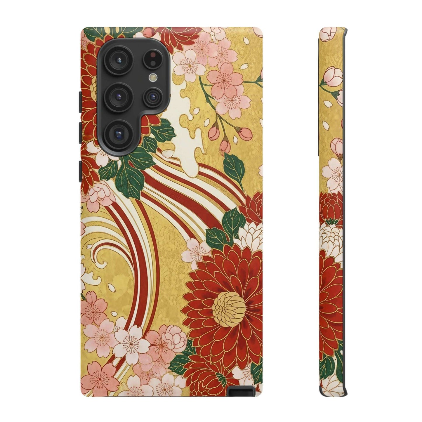 Samsung Case with Japanese floral gold chrysanthemum design, durable and impact-resistant protection for phone.